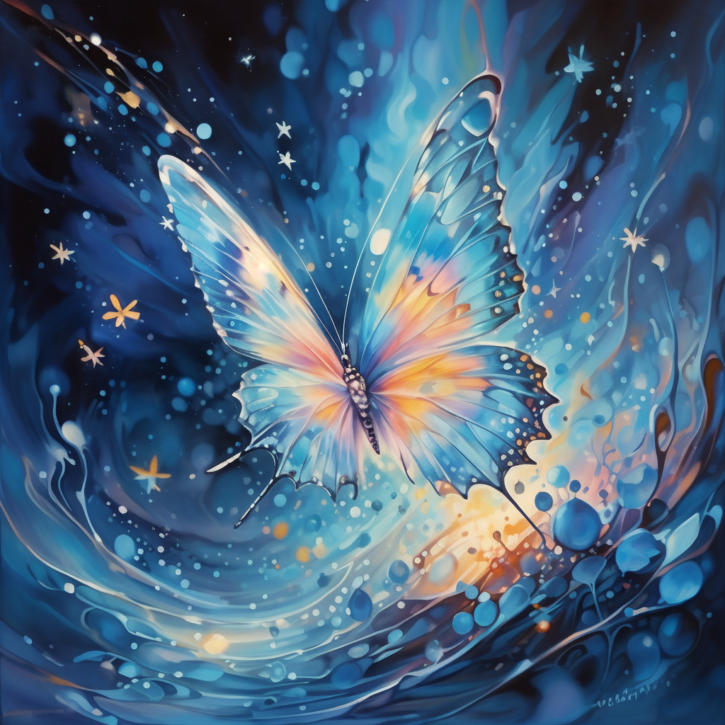 一只蓝色蝴蝶在夜空中飞翔