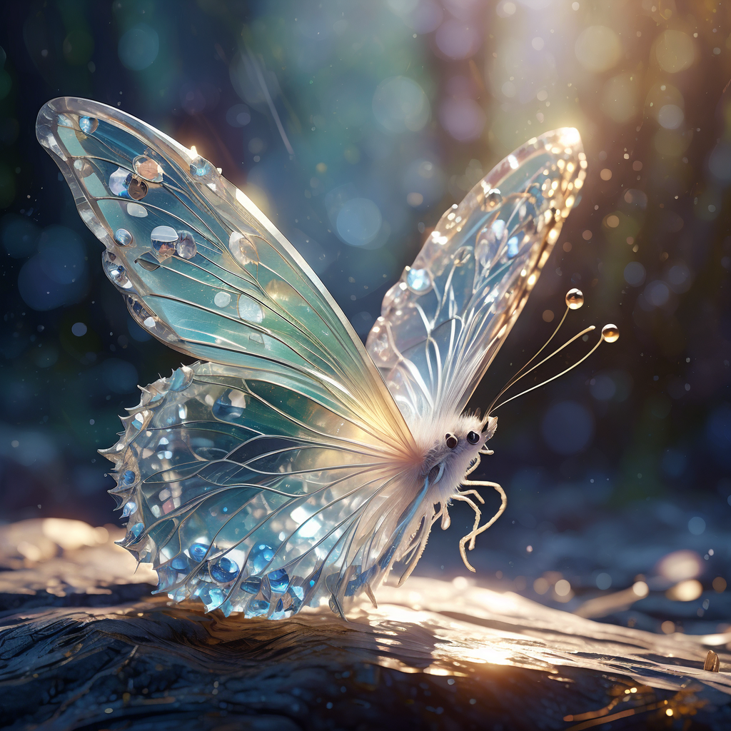 在这幅细腻而富有想象力的画面中,一只透明的宝石蝴蝶成为了视觉焦点