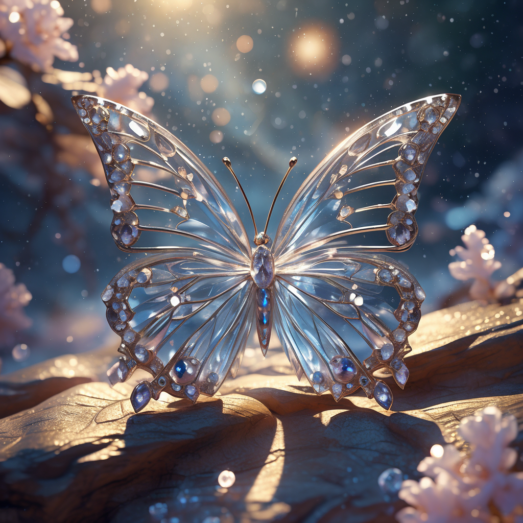 在这幅细腻而富有想象力的画面中,一只透明的宝石蝴蝶成为了视觉焦点