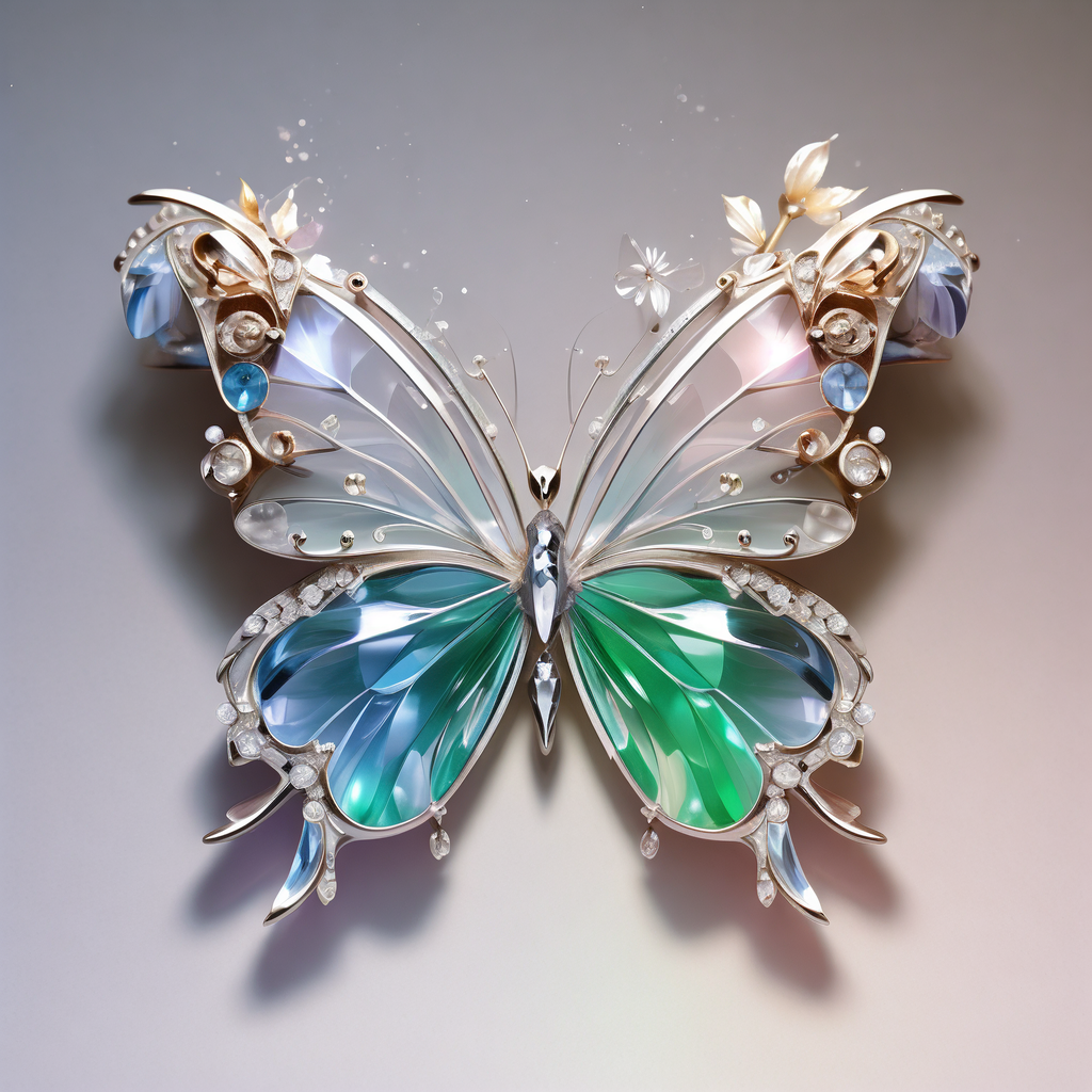 一只华丽的宝石蝴蝶,身体巧妙地由透明和绿色的宝石交织而成,这些宝石
