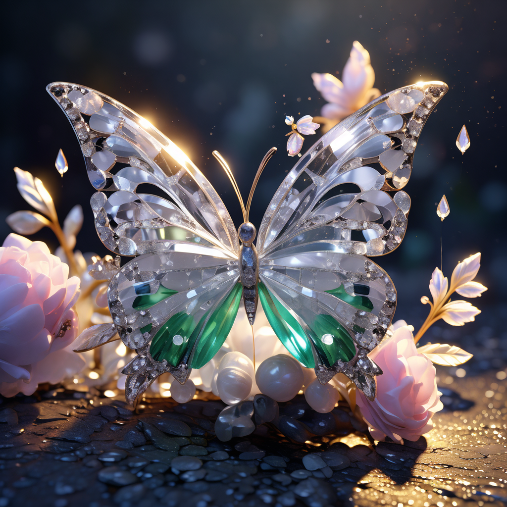 一只优雅的宝石蝴蝶,翅膀上镶嵌着璀璨夺目的宝石,在光线的照耀下闪烁