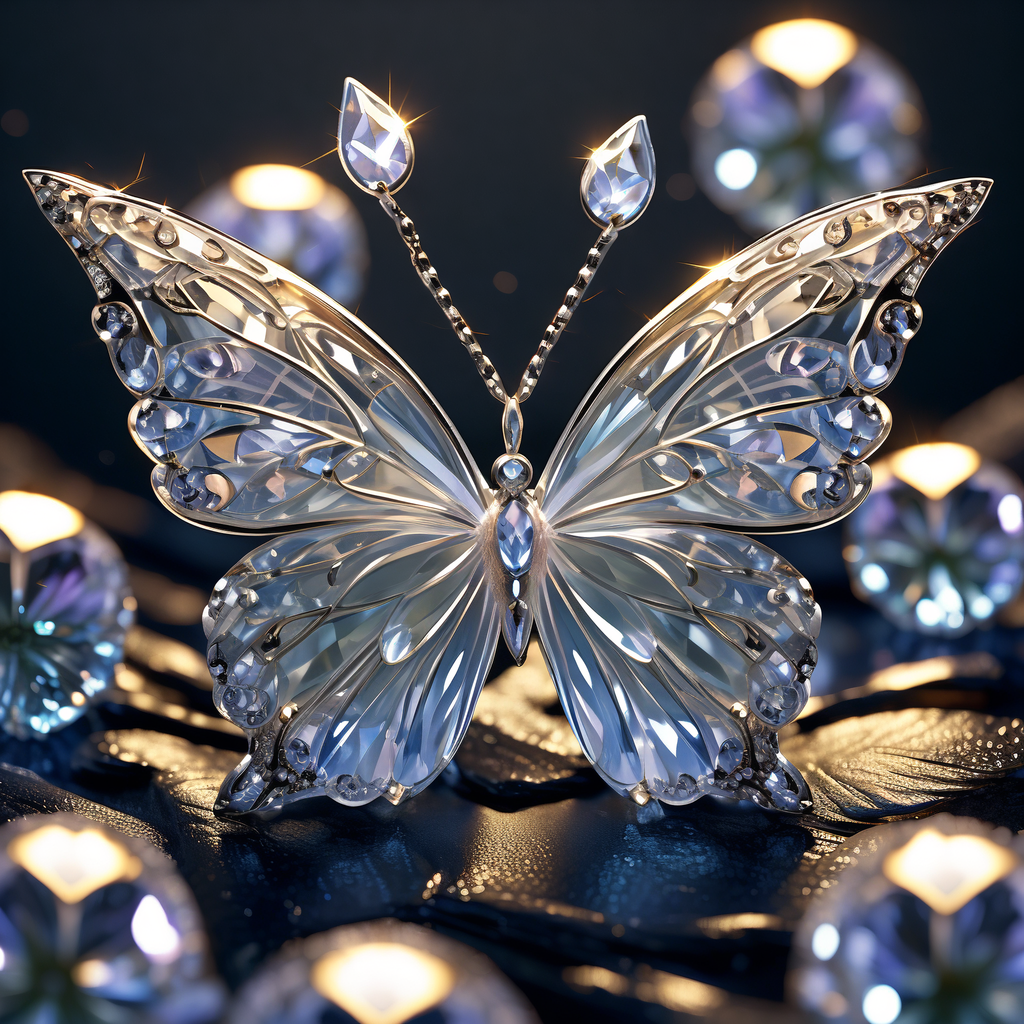 一只由清澈透明的水晶蝴蝶.翅膀晶莹剔透,镶嵌着熠熠生辉的水晶