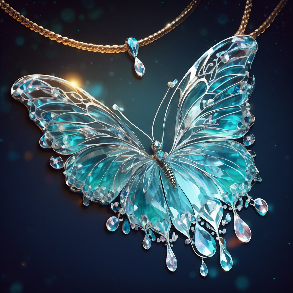一只装饰着璀璨蓝色宝石与精致金色链条的蝴蝶,美的令人叹为观止