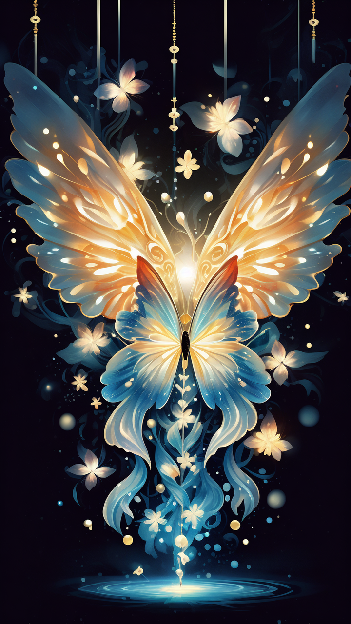 夜色如墨,深邃而神秘,一只蝴蝶悄然出现,蓝色与金色交织的翅膀,如同