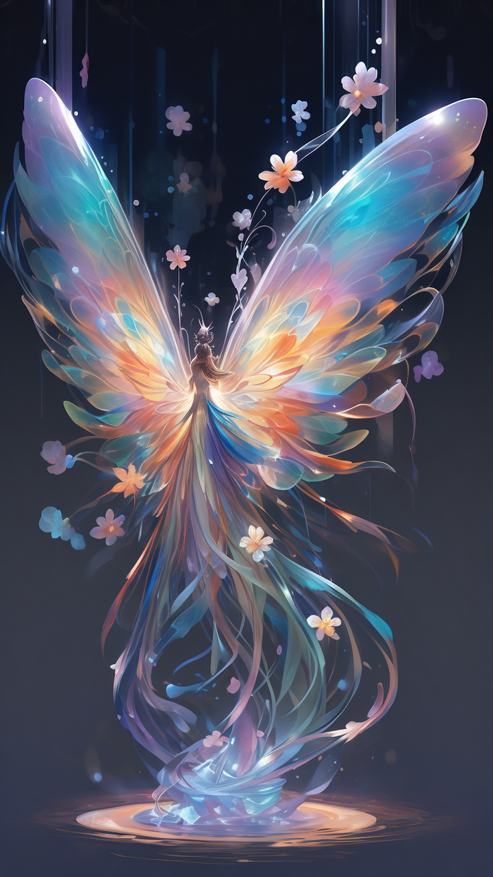 一只梦幻颜色的蝴蝶精灵静静伫立,透明的翅膀,在暗色背景的映衬下,更