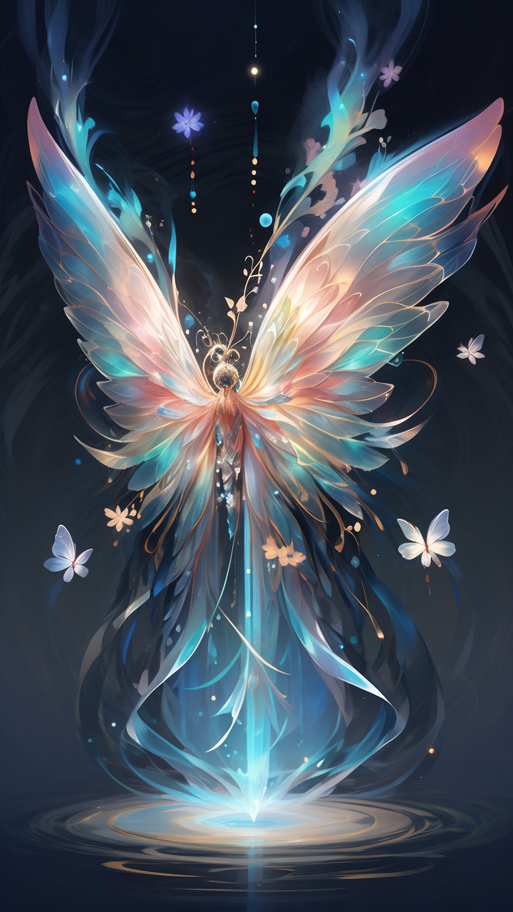 一只梦幻颜色的蝴蝶精灵静静伫立,透明的翅膀,在暗色背景的映衬下,更