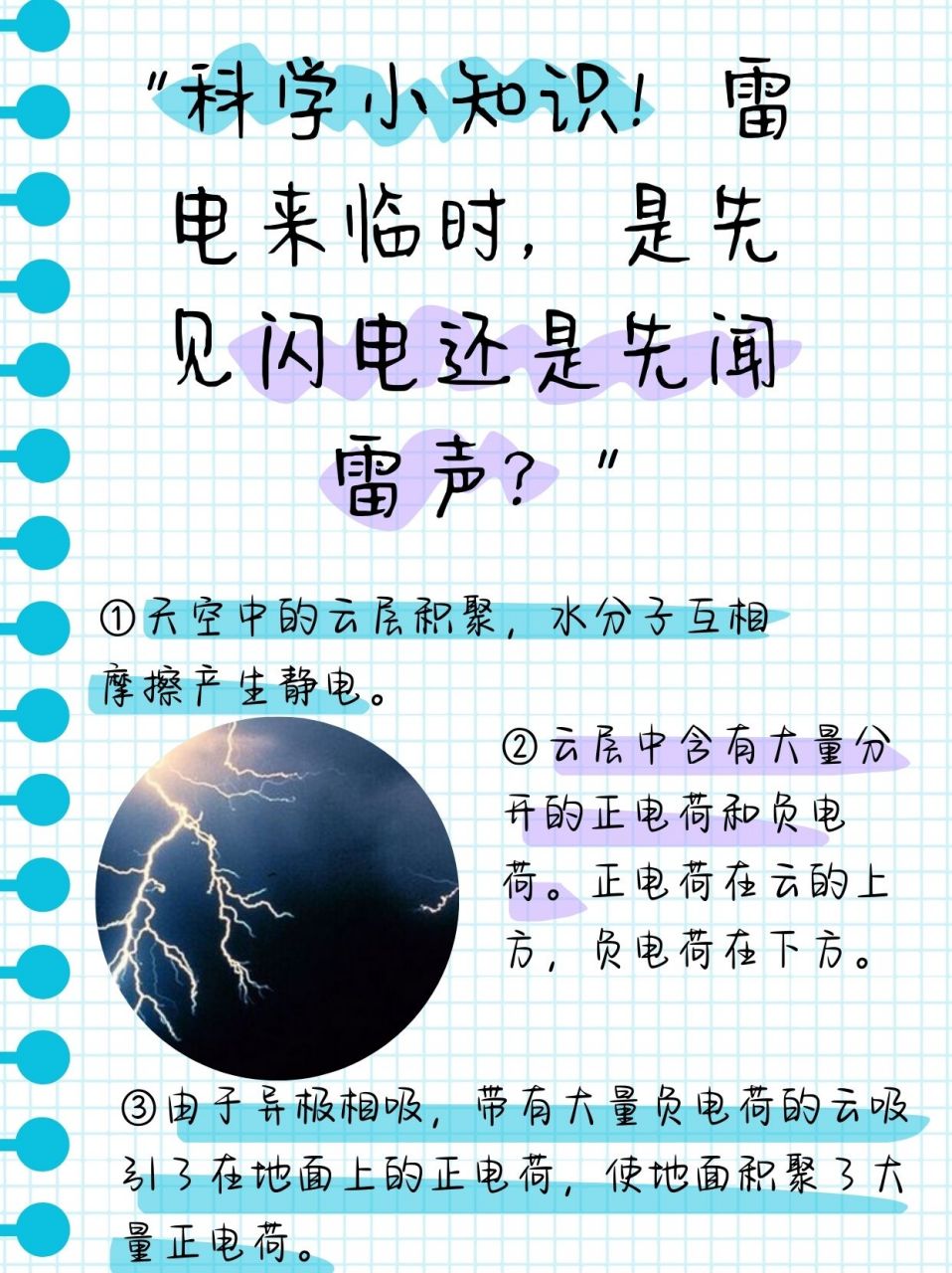 昨晚下雷阵雨,孩子很好奇,问我雷电时是先看到闪电还是先听到雷声