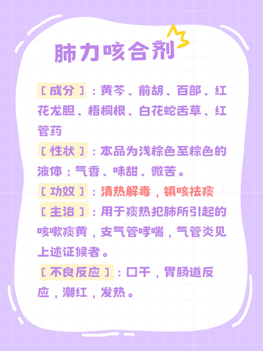 肺力咳合剂的功效作用	  肺力咳合剂是一种中药制剂,主要成分包括黄芩