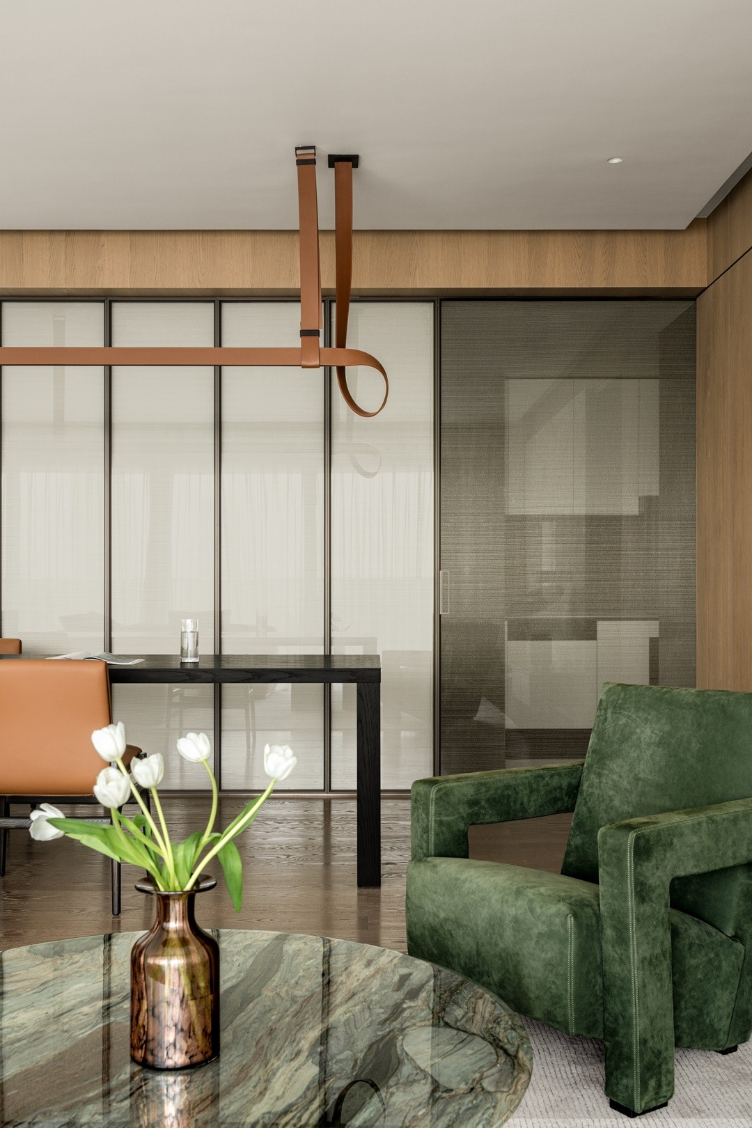 至起居室一系列功能区联通,使得室内形成开放,灵活游走的布局#家装