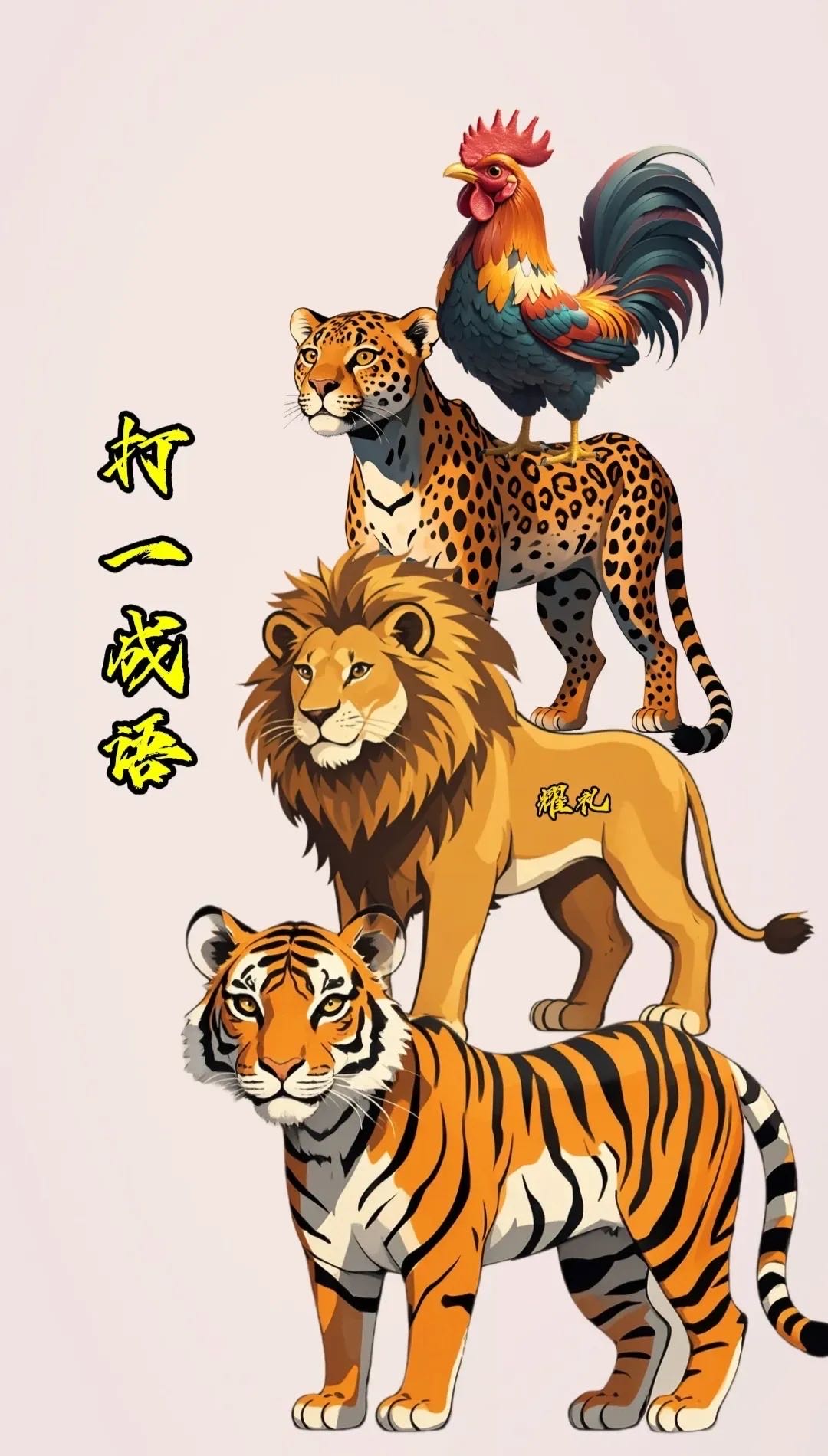 图中有一只公鸡,一只狮子,一只豹子和一只老虎.猜一个成语!