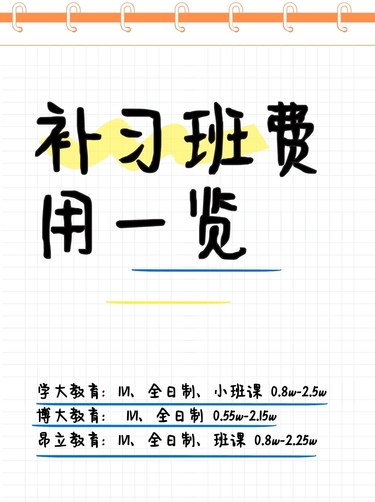 补习班费用一览 朋友想给孩子报补习班,咨询我补习班的费用,我给他