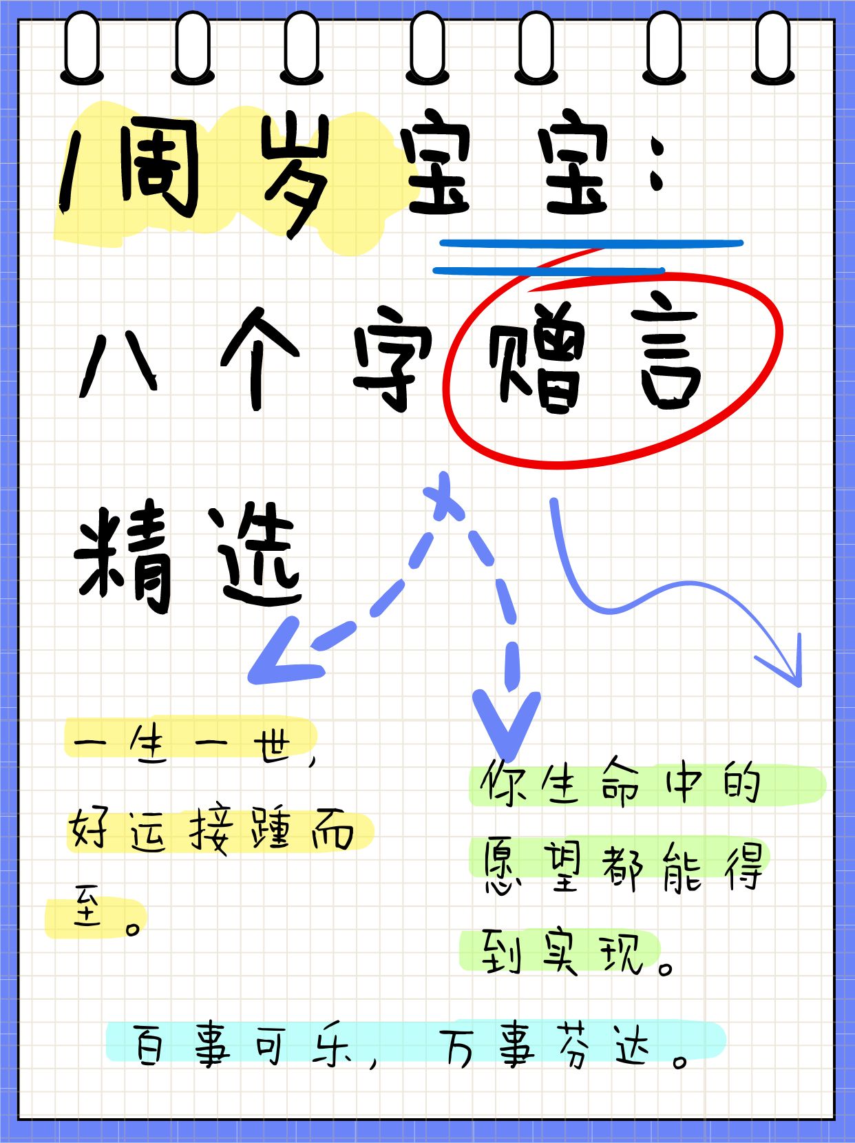 聪明伶俐,前程似锦! 活泼可爱,幸福满溢! 笑容灿烂,快乐无限!