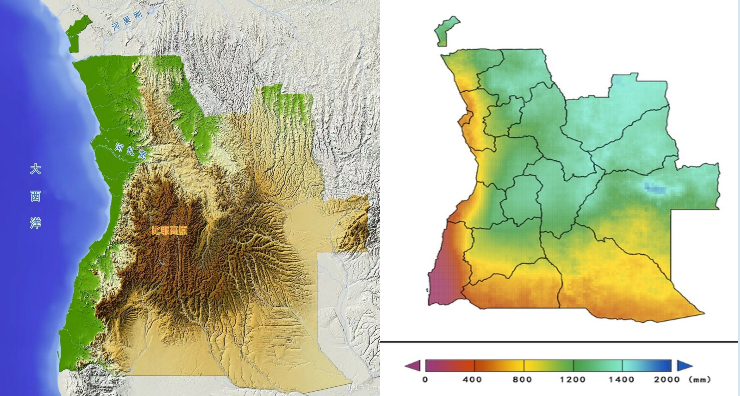 【安哥拉地形和降水量图】安哥拉沿海地区全是平原,内陆地区多为高原