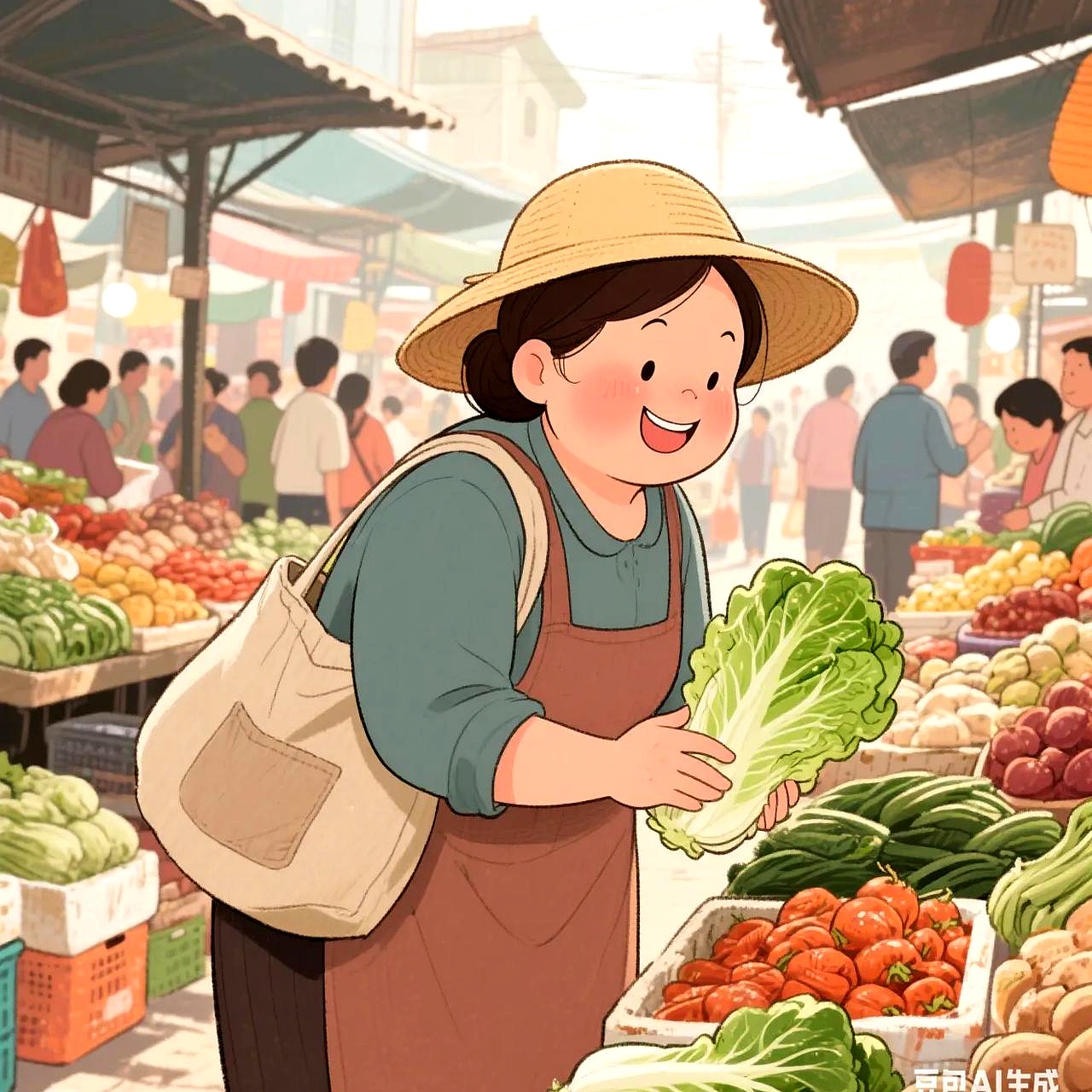 早上我去菜市场买菜,碰见常去的肉摊老板娘,她热情