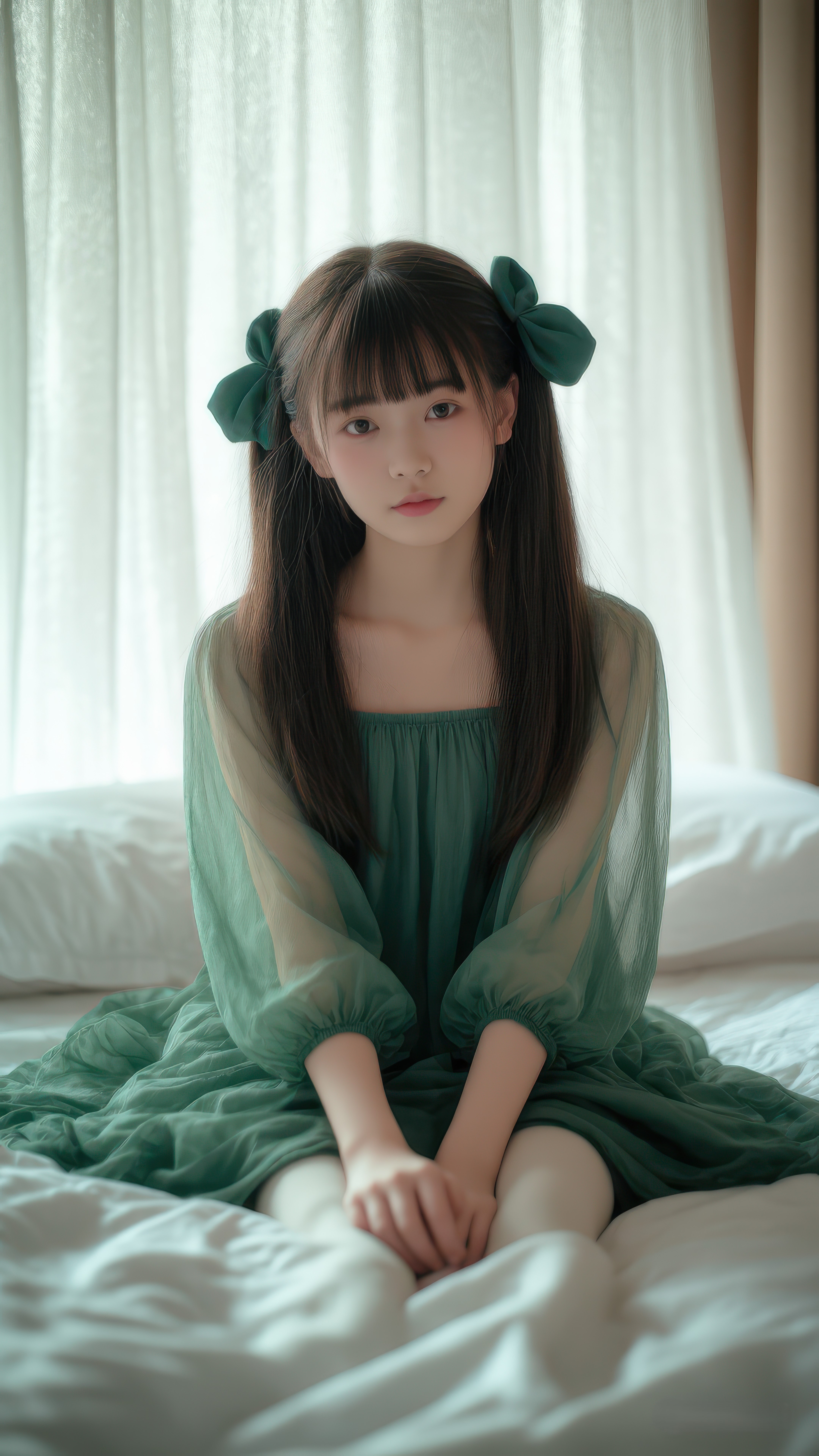 绿色纱裙轻盈摇曳,薄纱衣袖流转温柔,双马尾上的绿色