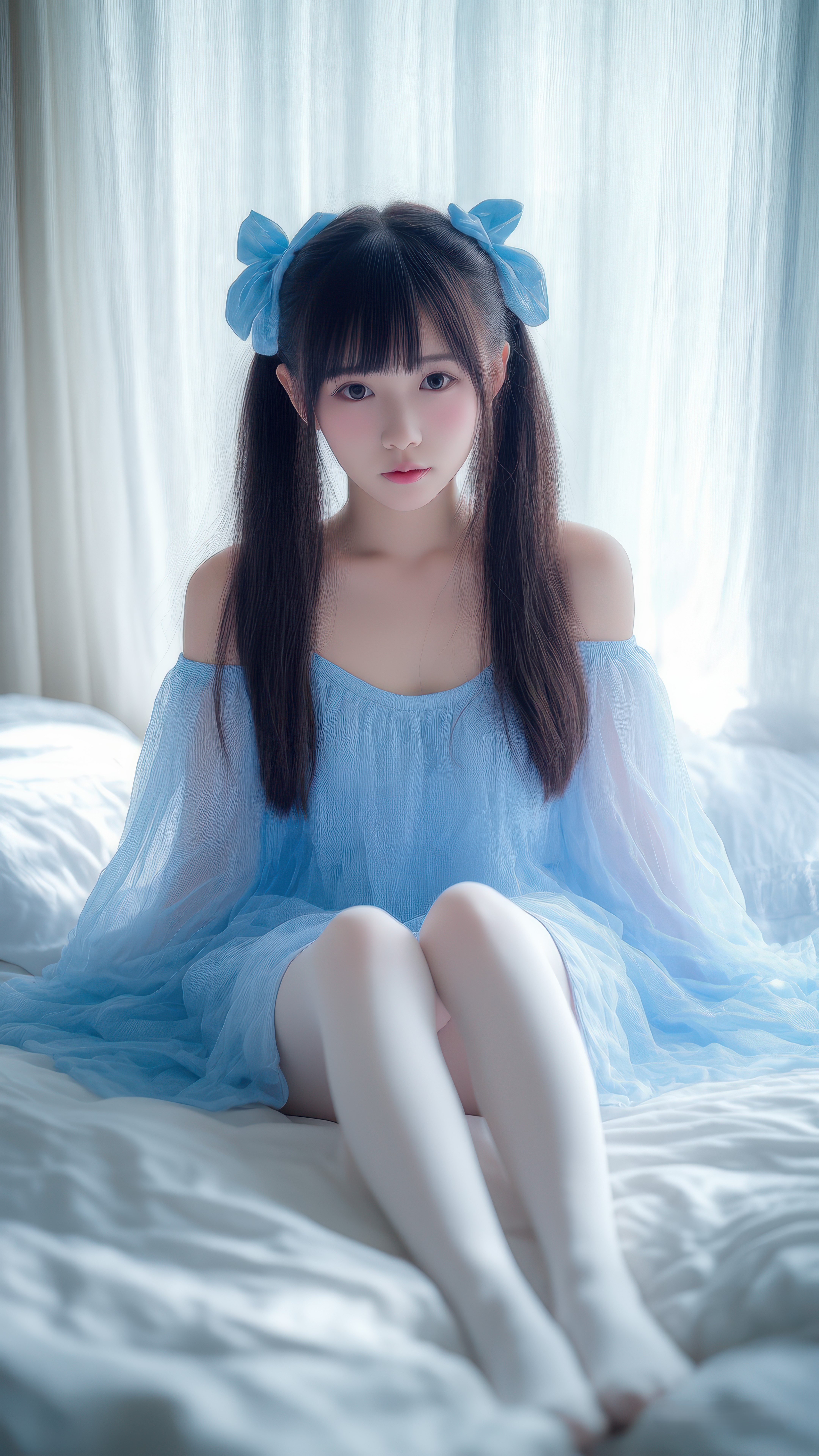 双马尾上的蓝色蝴蝶结俏皮灵动,与纯净白袜相映成趣