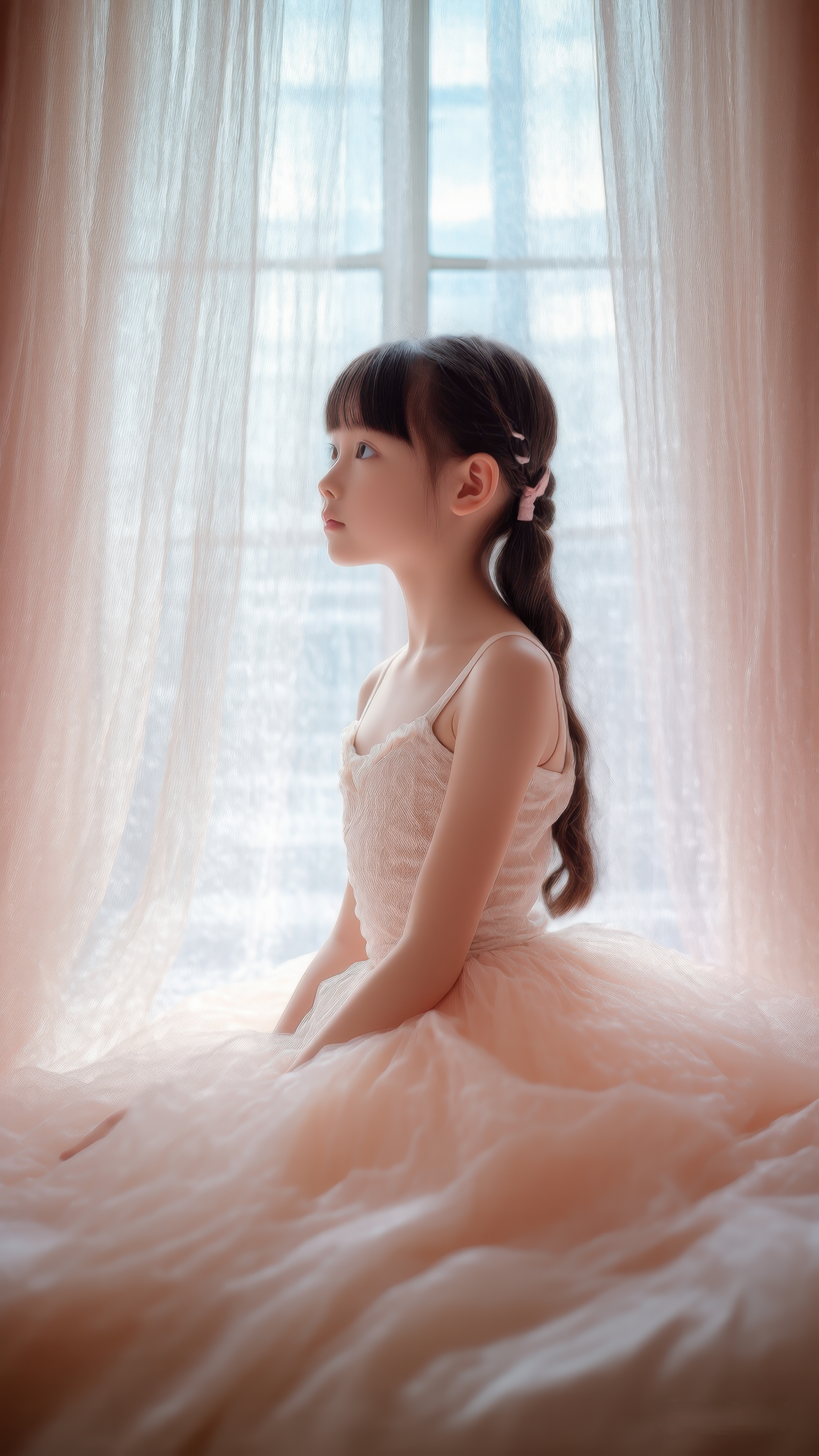 她亭亭玉立,身着淡粉色碎花连衣裙,裙摆随风轻摇