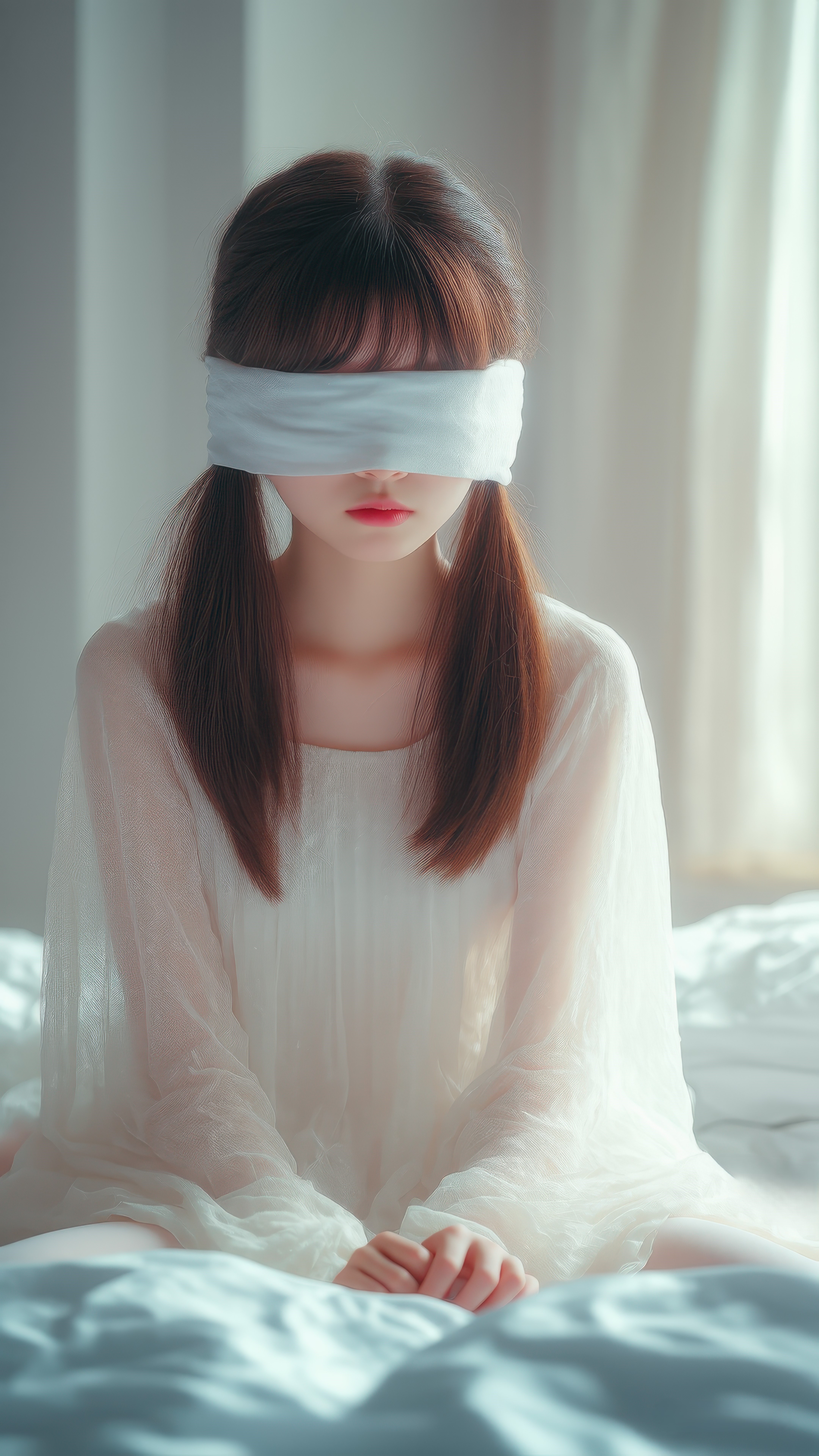 眼罩蒙上眼睛,增添了好多神秘的味道~光影洒在身上,勾勒出柔和的轮廓