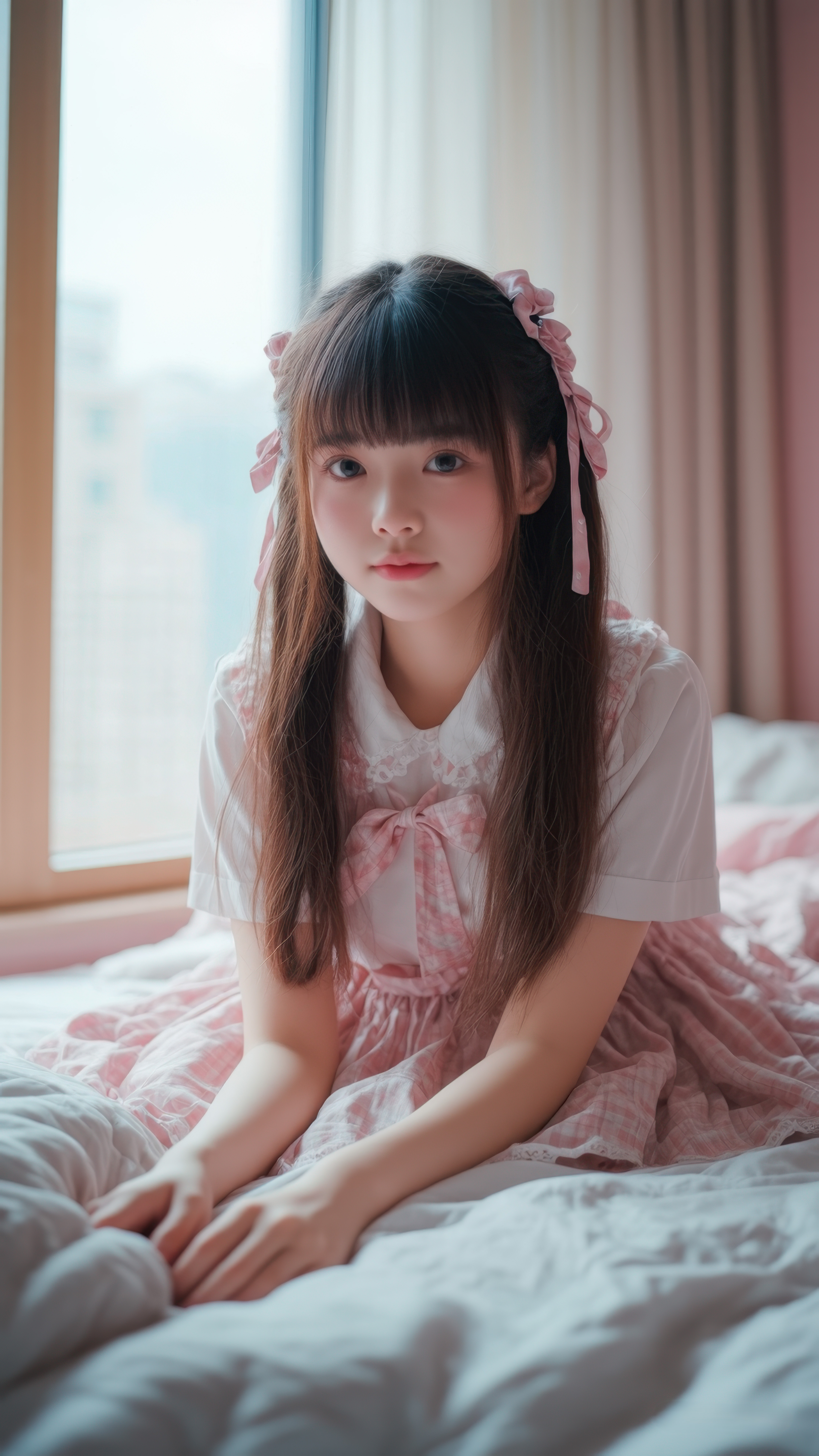 粉色系穿搭配上窗边柔和光线,满满的少女感~ 发型搭配可爱发饰,纯真又
