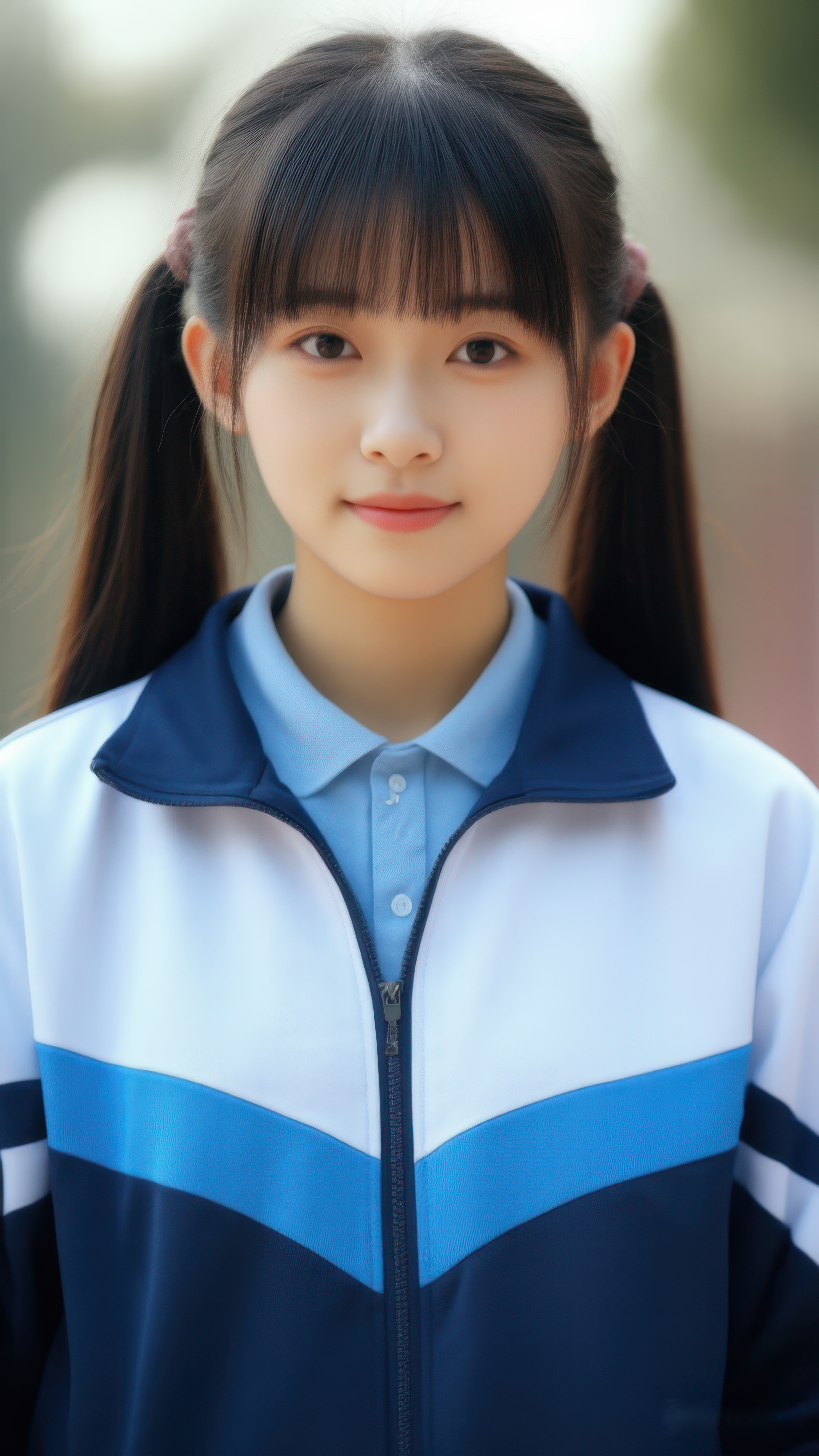 穿着蓝白校服,双马尾超可爱~ 阳光一照,整个人都闪闪发光