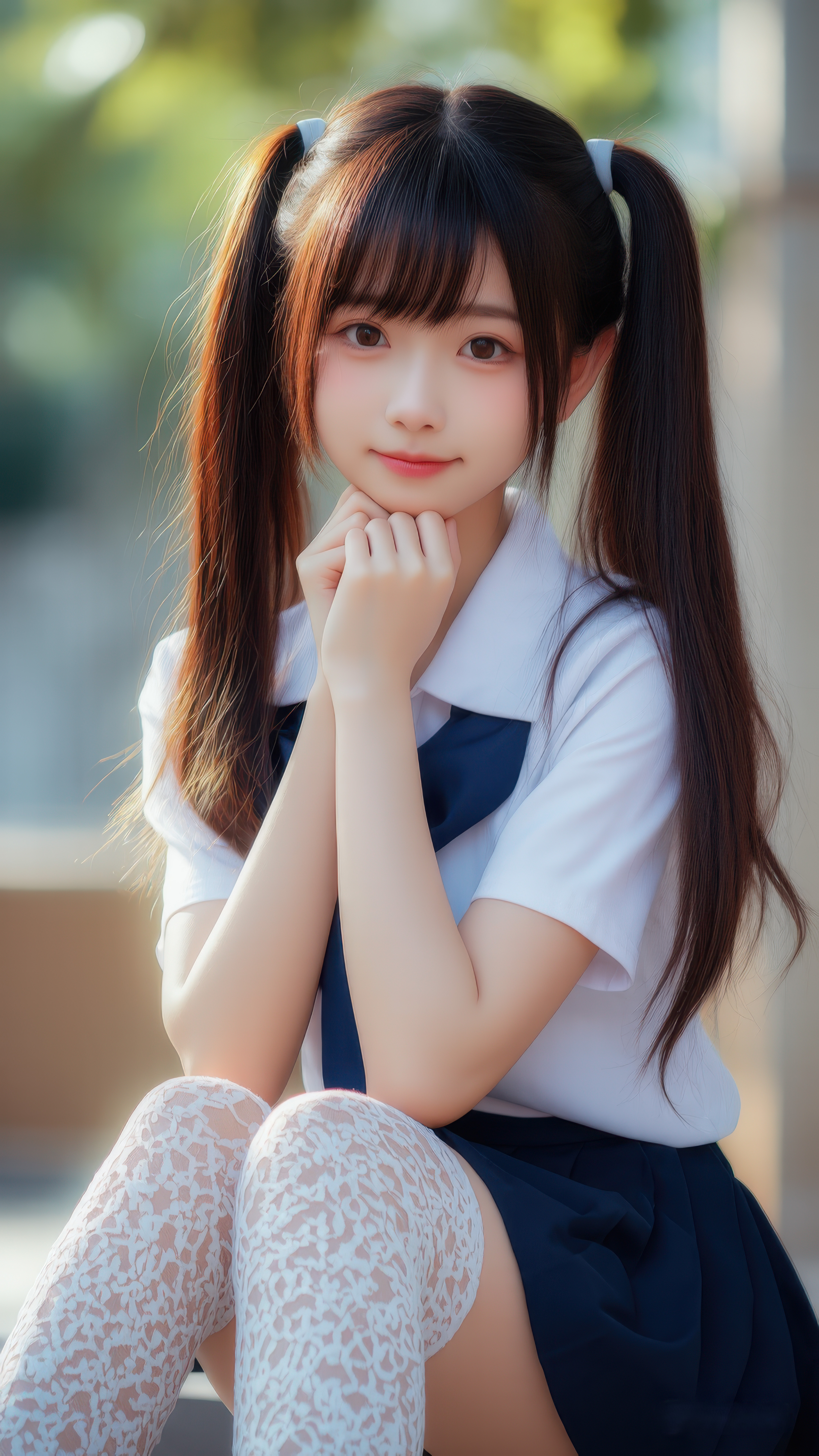 小姐姐双马尾造型俏皮可爱,身着清新的水手服和简约校服,搭配蕾丝长袜