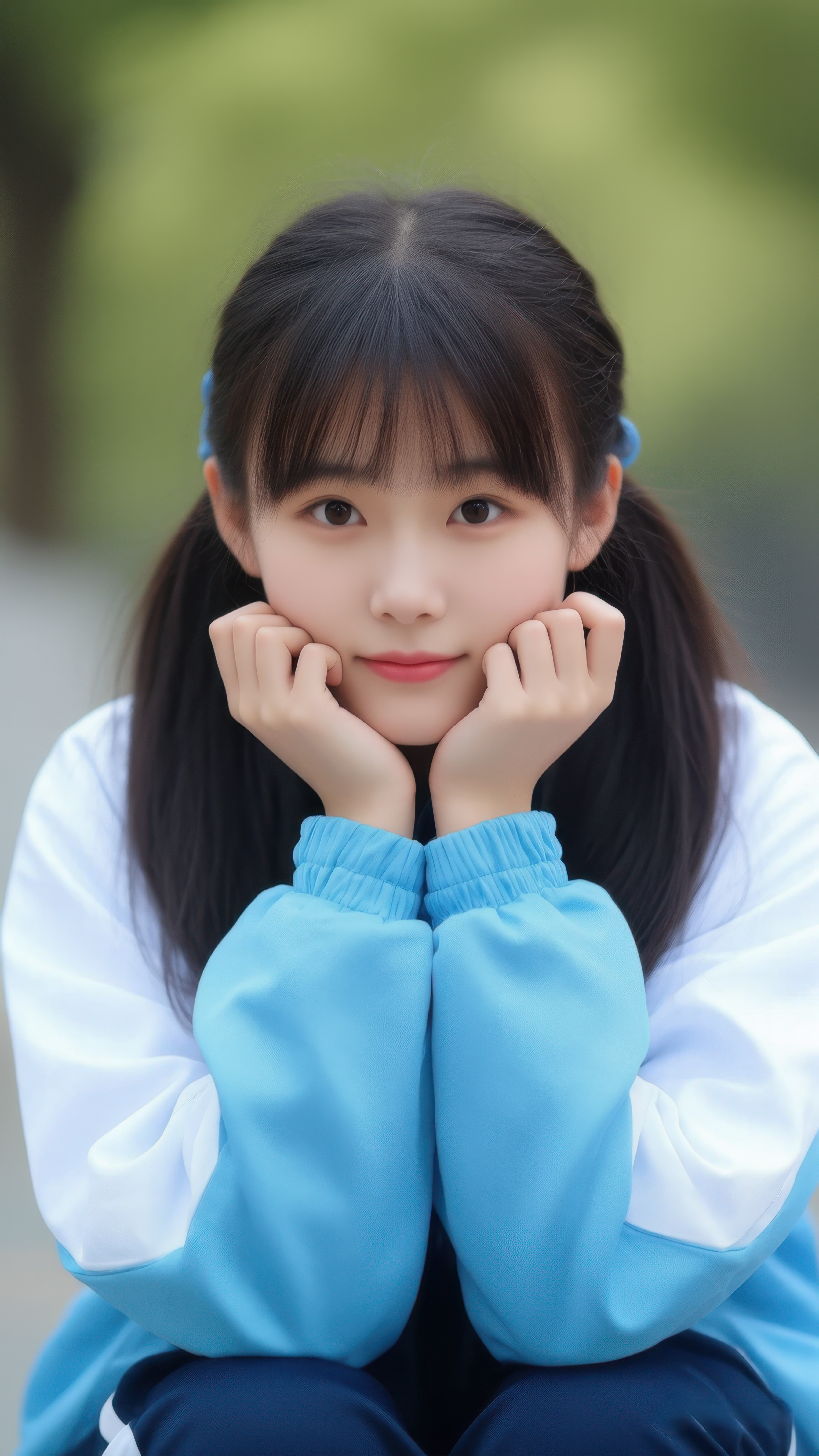 穿着蓝白校服,双马尾超可爱~ 阳光一照,整个人都闪闪发光