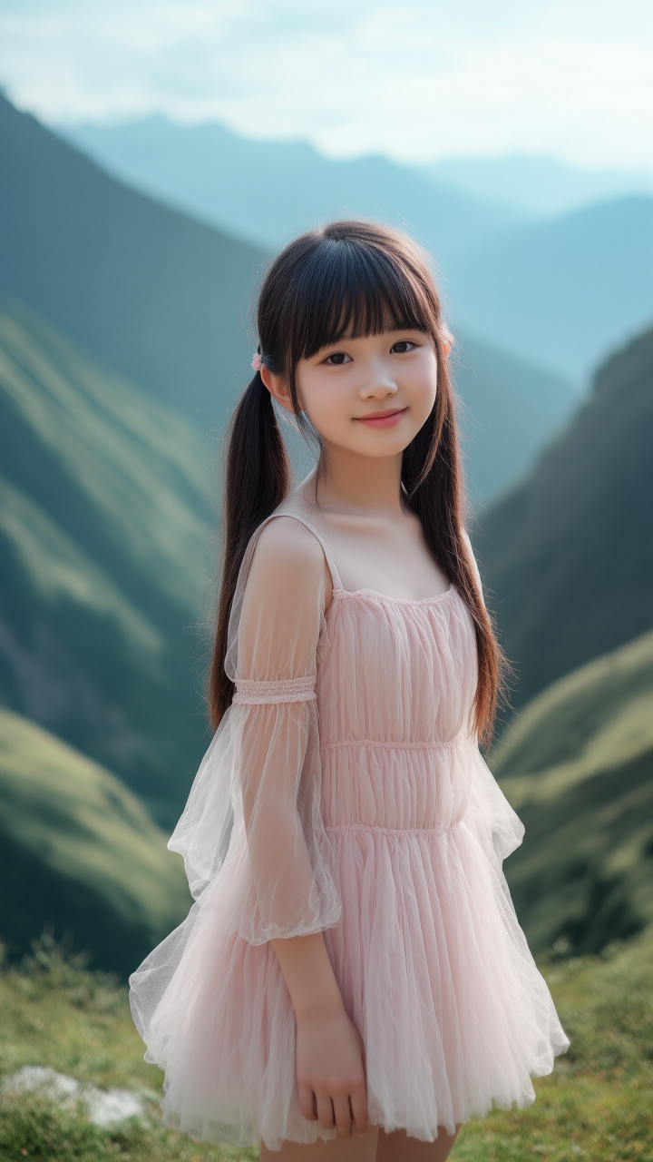 今天跑到山里玩啦～穿了粉纱裙,扎俩小辫,跟青山绿水凑一块,像从童话