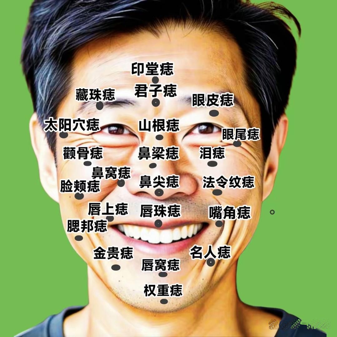 面相痣图解:印堂藏珠显贵气,眼尾泪痣惹人怜,鼻尖权重掌大局,唇珠嘴角
