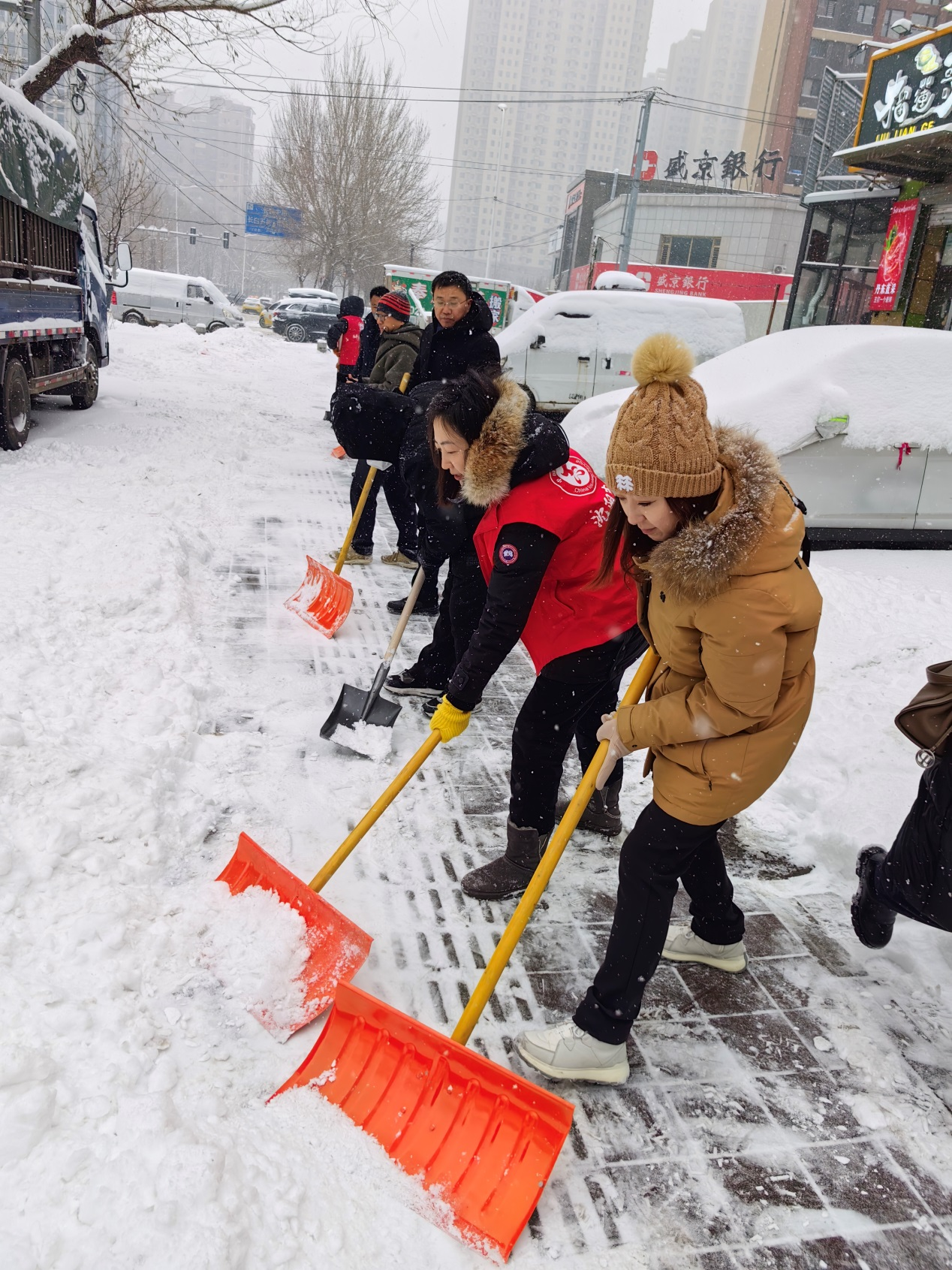 铲雪实践活动照片社区党员叔叔扫雪的图片大全下大雪打扫小区清雪图片