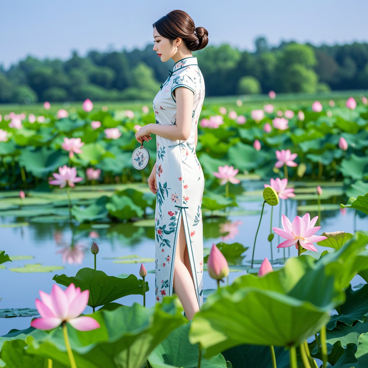 旗袍美女# #荷花# 美女身穿旗袍散步在荷花池旁边.