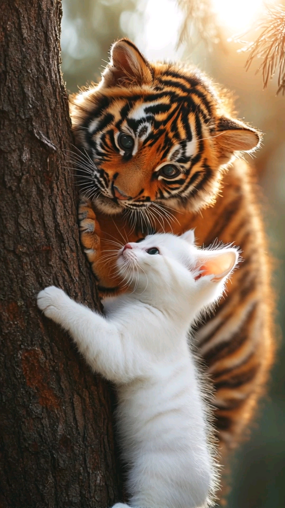 家猫与老虎,虽形异,皆猫科.家猫受宠,虎威猛,相遇引遐想