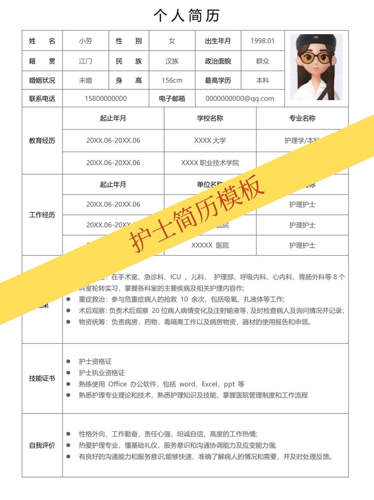 个人简历模板免费护士长个人简介护士个人简历模板护士个人简历