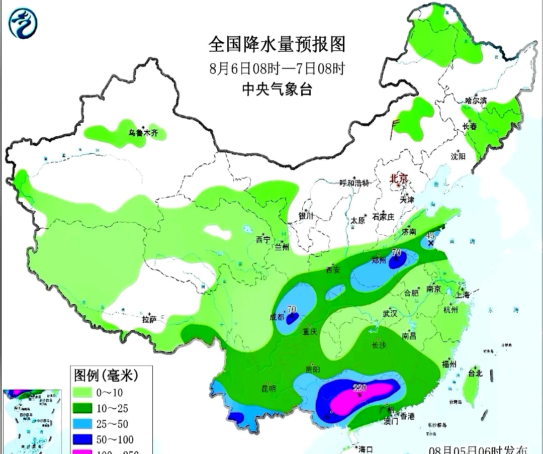 8月7日左右,中央气象台全国降水量预报图显示:河南,江苏,山东,安徽