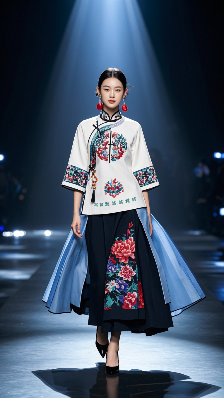 蓝导糁 时装秀剪纸元素潮牌衣服成人国粹服饰走秀剪纸服饰图案中国戏