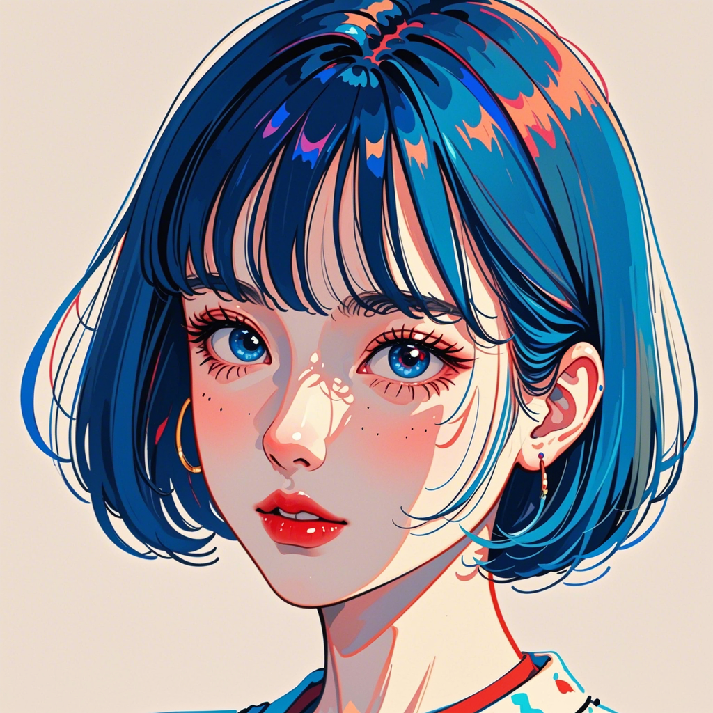 一组女生头像 蓝色梦境,彩绘青春 短发飘逸,耳环闪烁 红唇微启,眼神