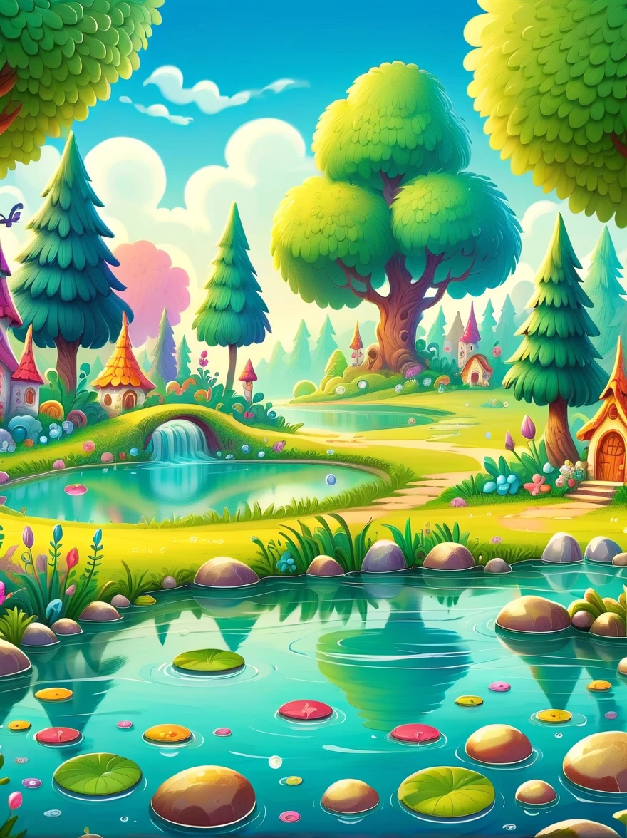 池塘里石头组成的卡通场景