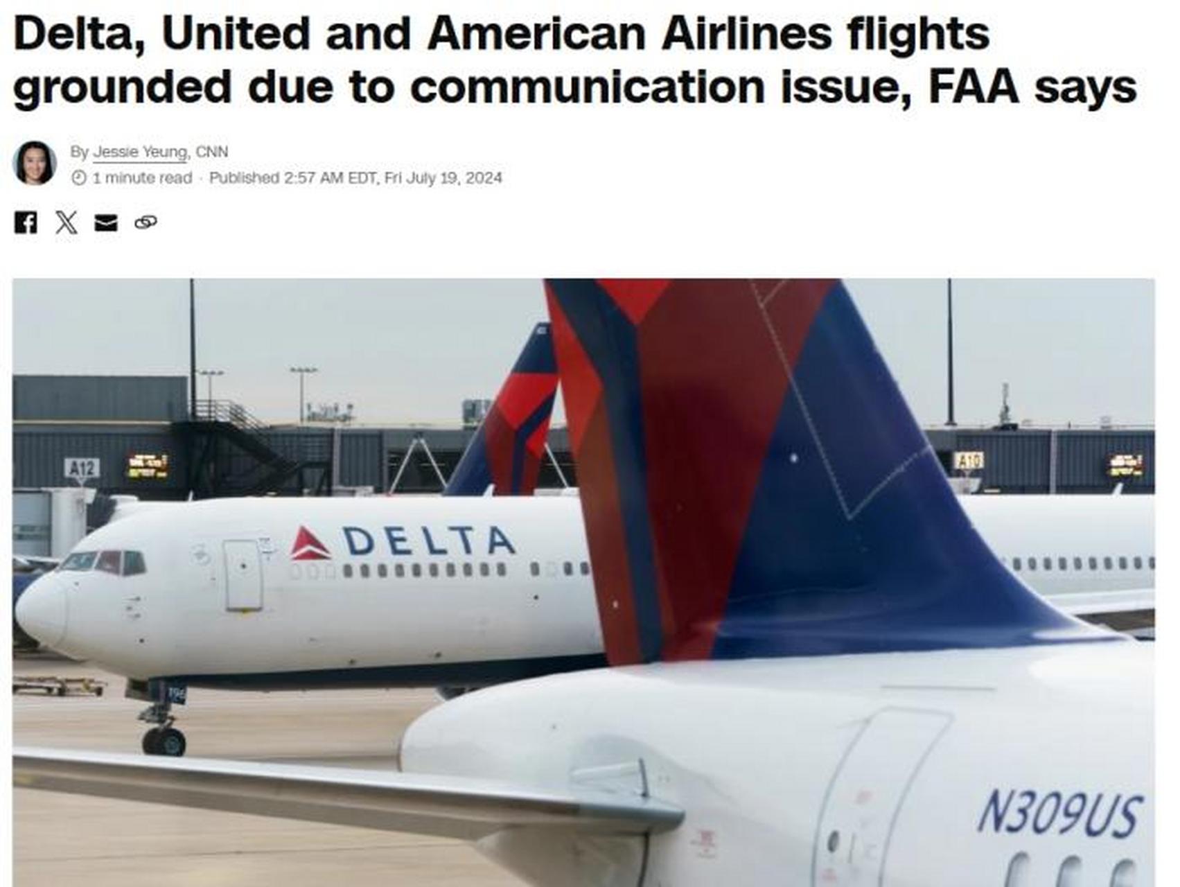 【因通讯问题,美国多家航空公司所有航班停飞】据美国有线电视新闻网