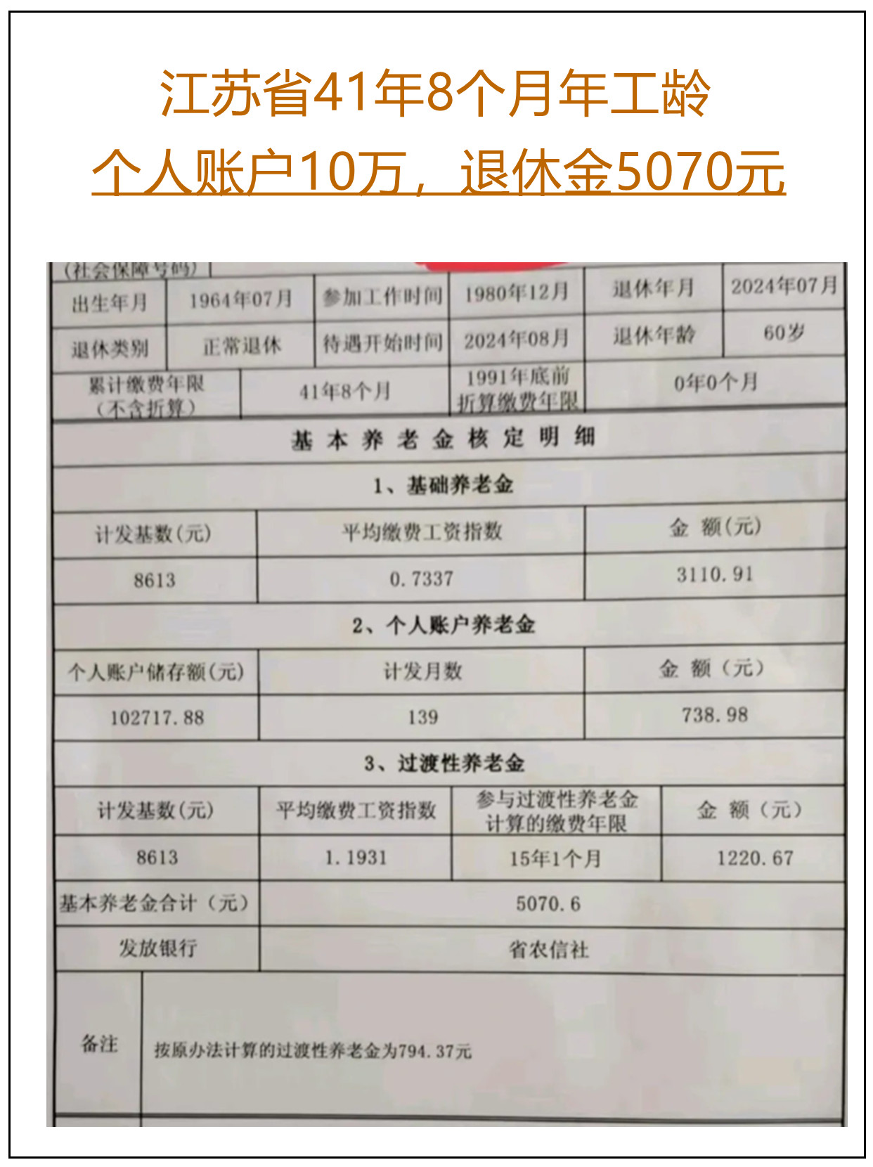 江苏省41年工龄,退休金只有5070元