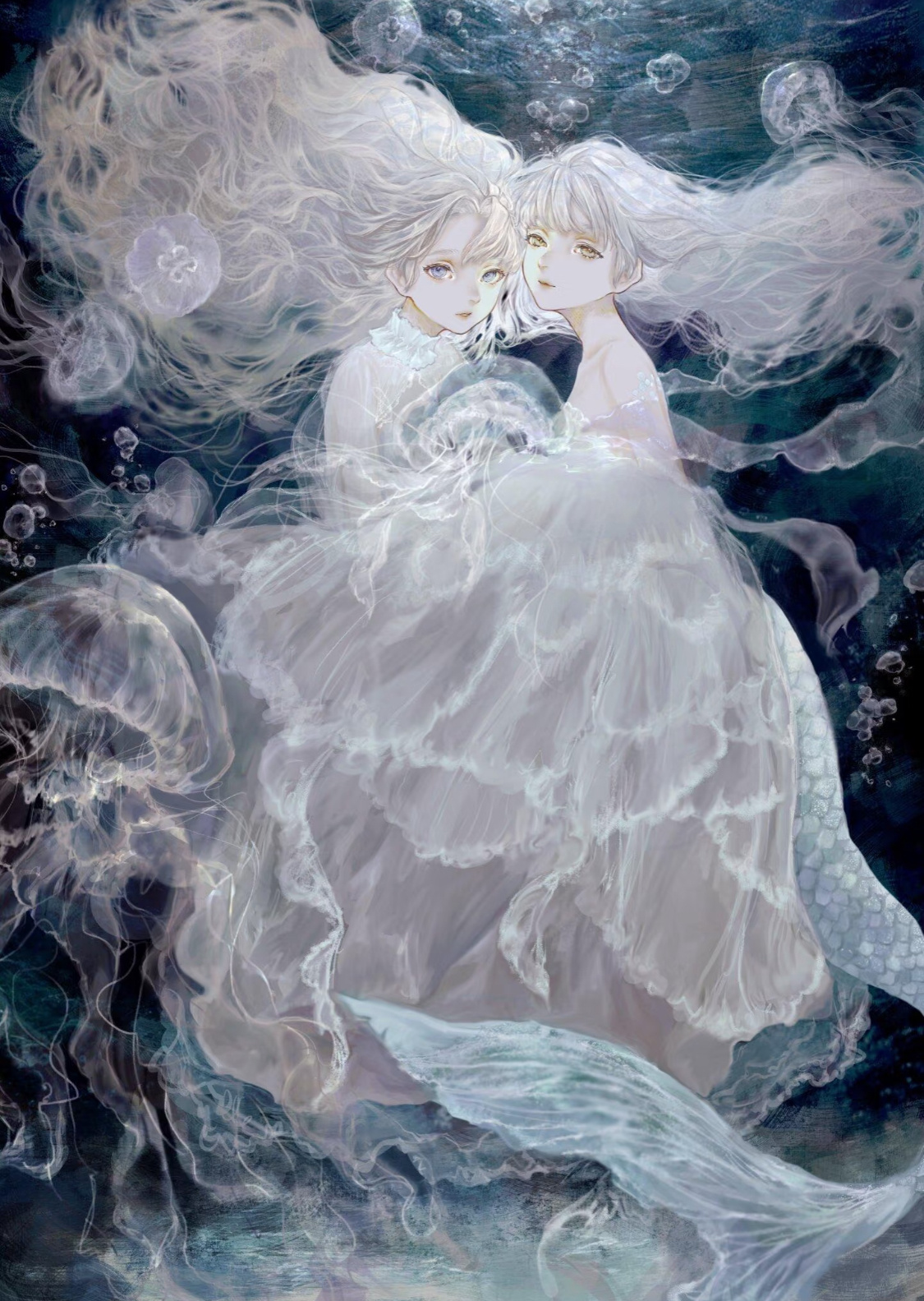 的笔下的一组黑中透彩的梦幻少女插画