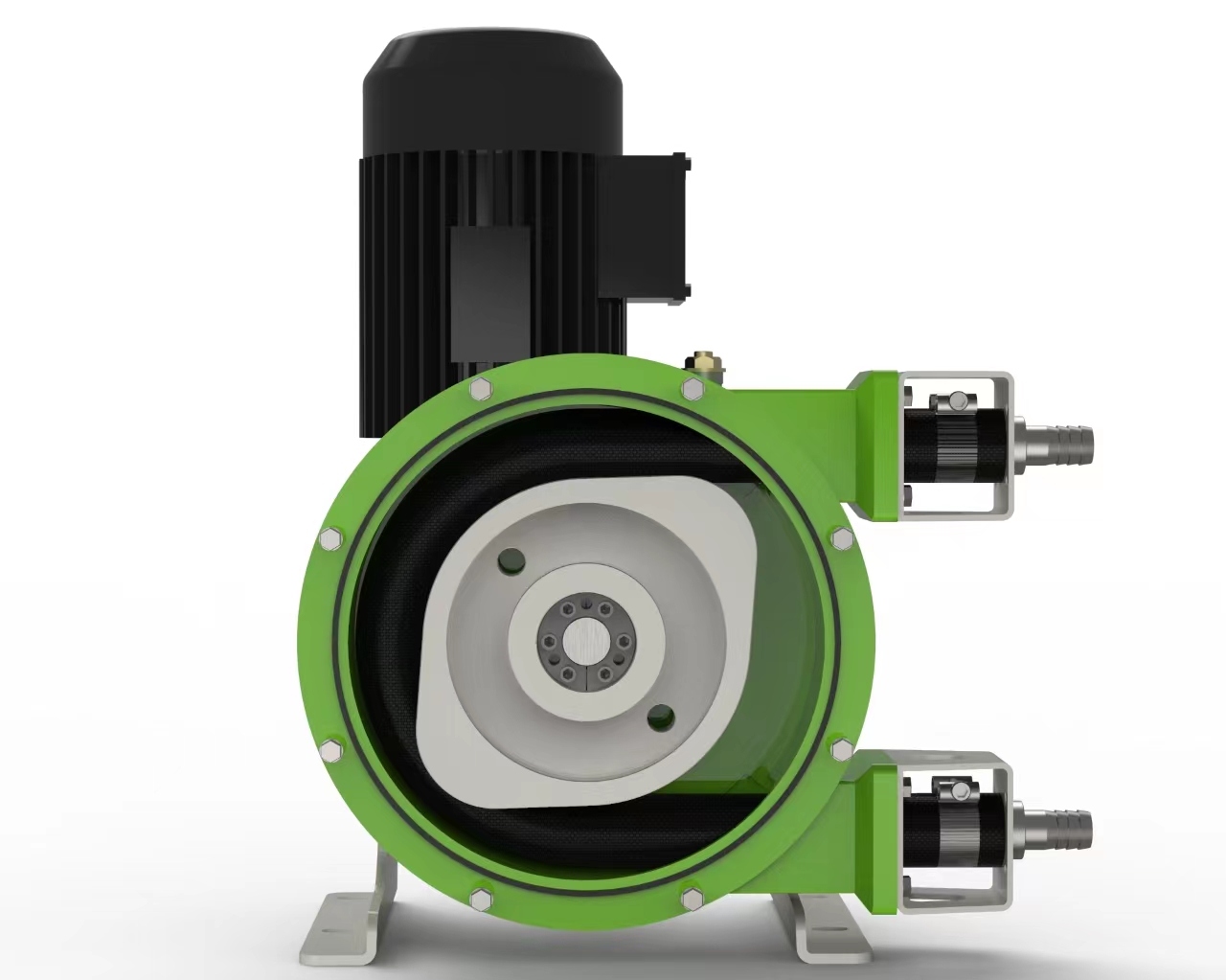 工业软管泵的工作原理是通过对泵内软管进行挤压和释放,利用软管的