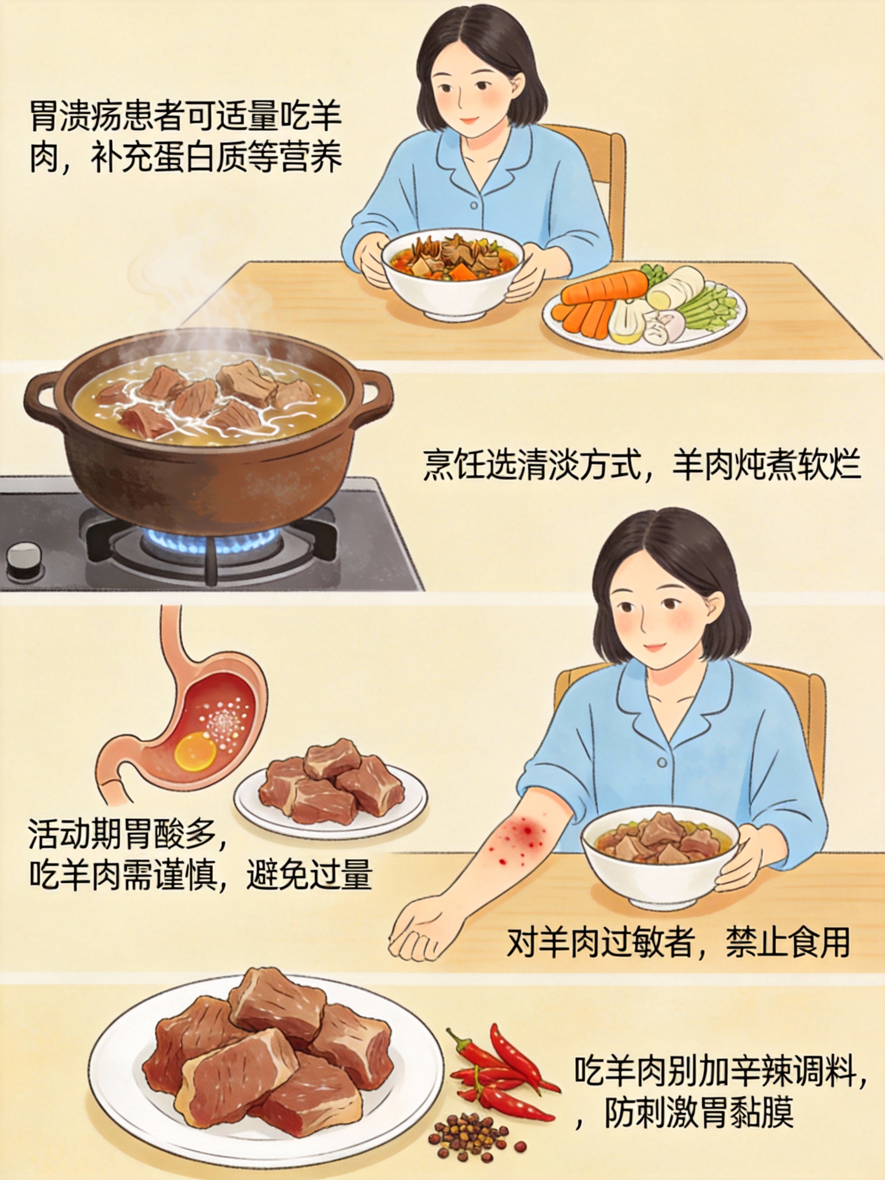 胃溃疡患者可以适量吃羊肉但要注意烹饪方式和