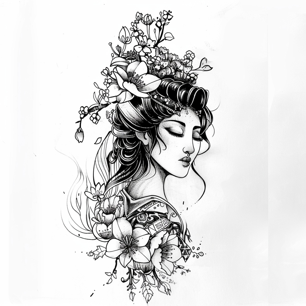 漂亮的日式艺伎纹身手稿