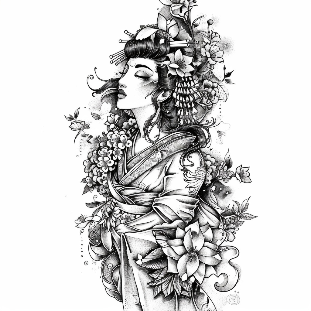 漂亮的日式艺伎纹身手稿