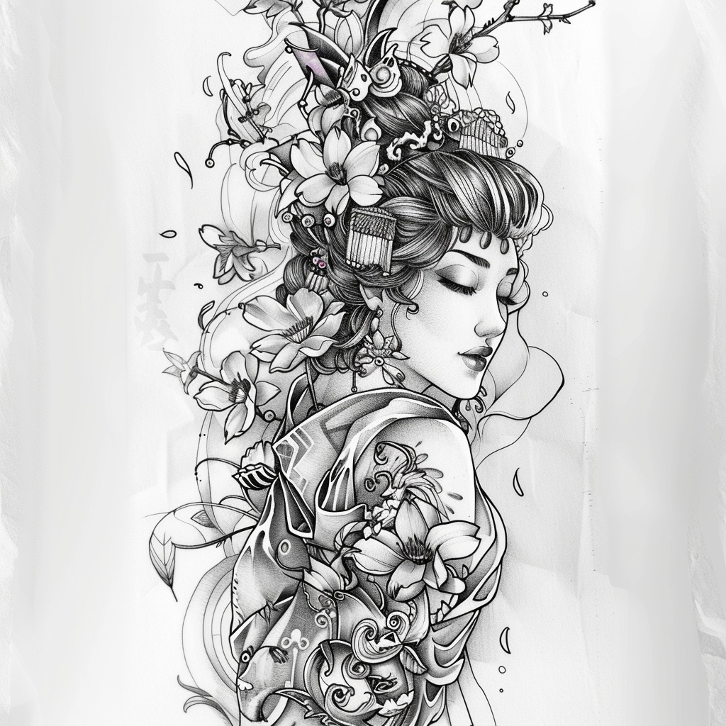 漂亮的日式艺伎纹身手稿