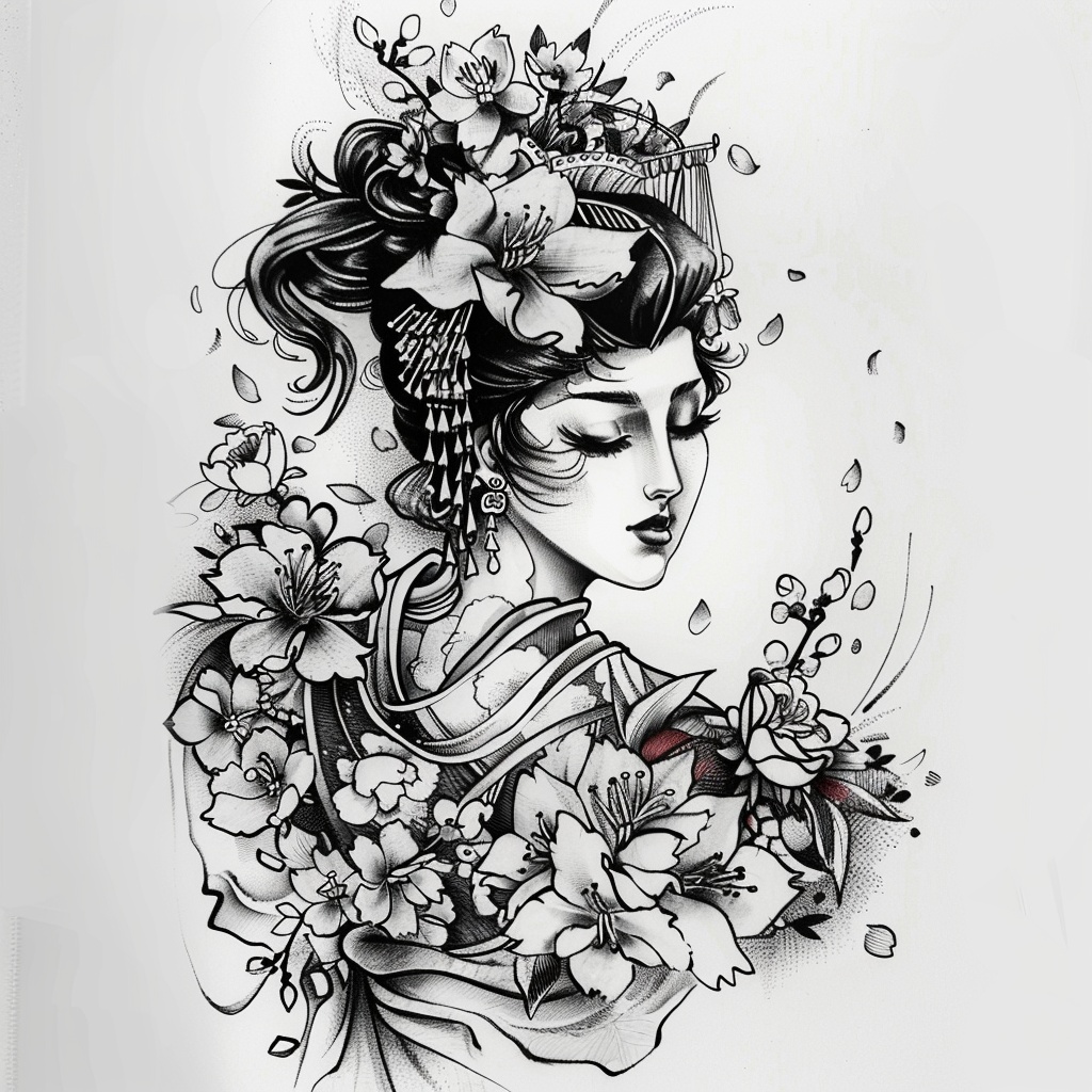 漂亮的日式艺伎纹身手稿