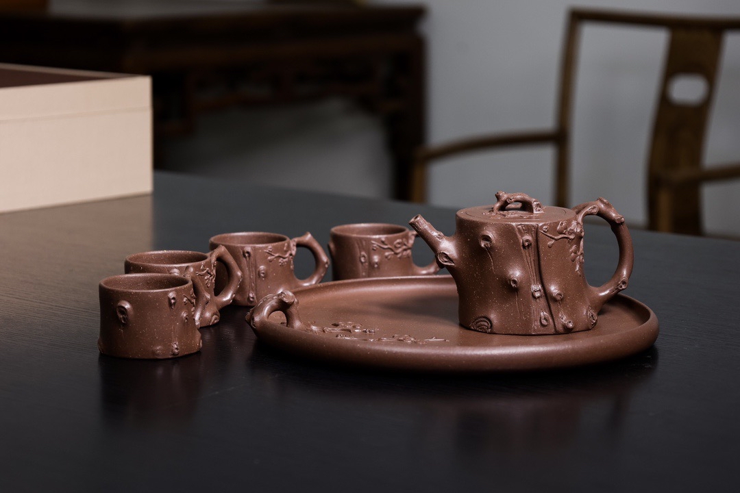 宜兴紫砂壶顾跃君全手工梅桩套组原矿紫泥270cc