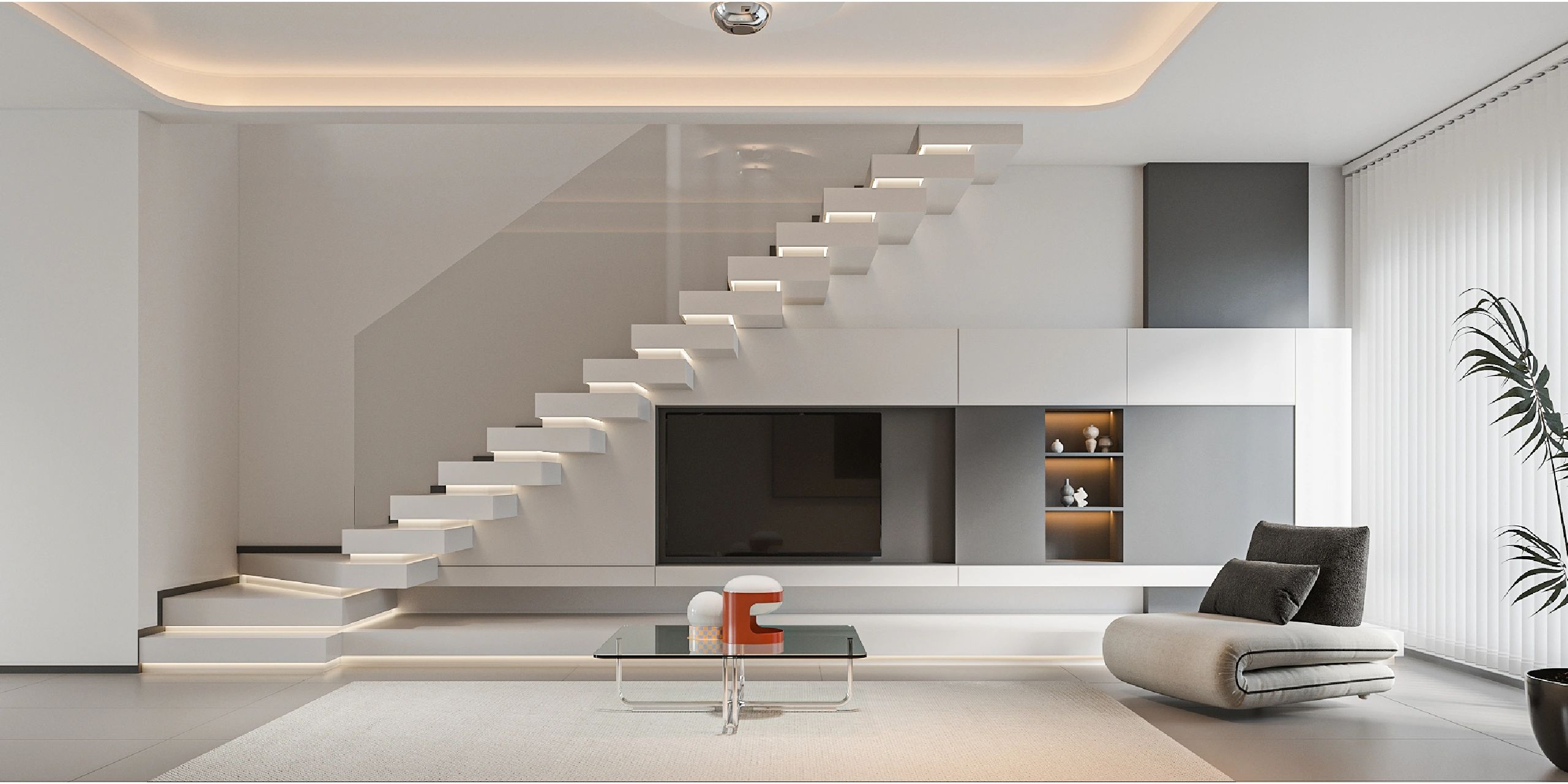 小复式户型现代简约风客厅设计效果,楼梯做成悬浮造型,增加悬浮感和