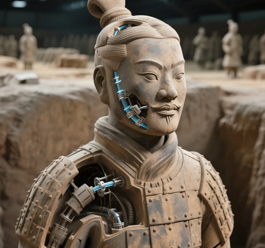 秦始皇陵兵马俑的一次3d扫描中,一个陶俑的内部,呈现出现代军用植入物