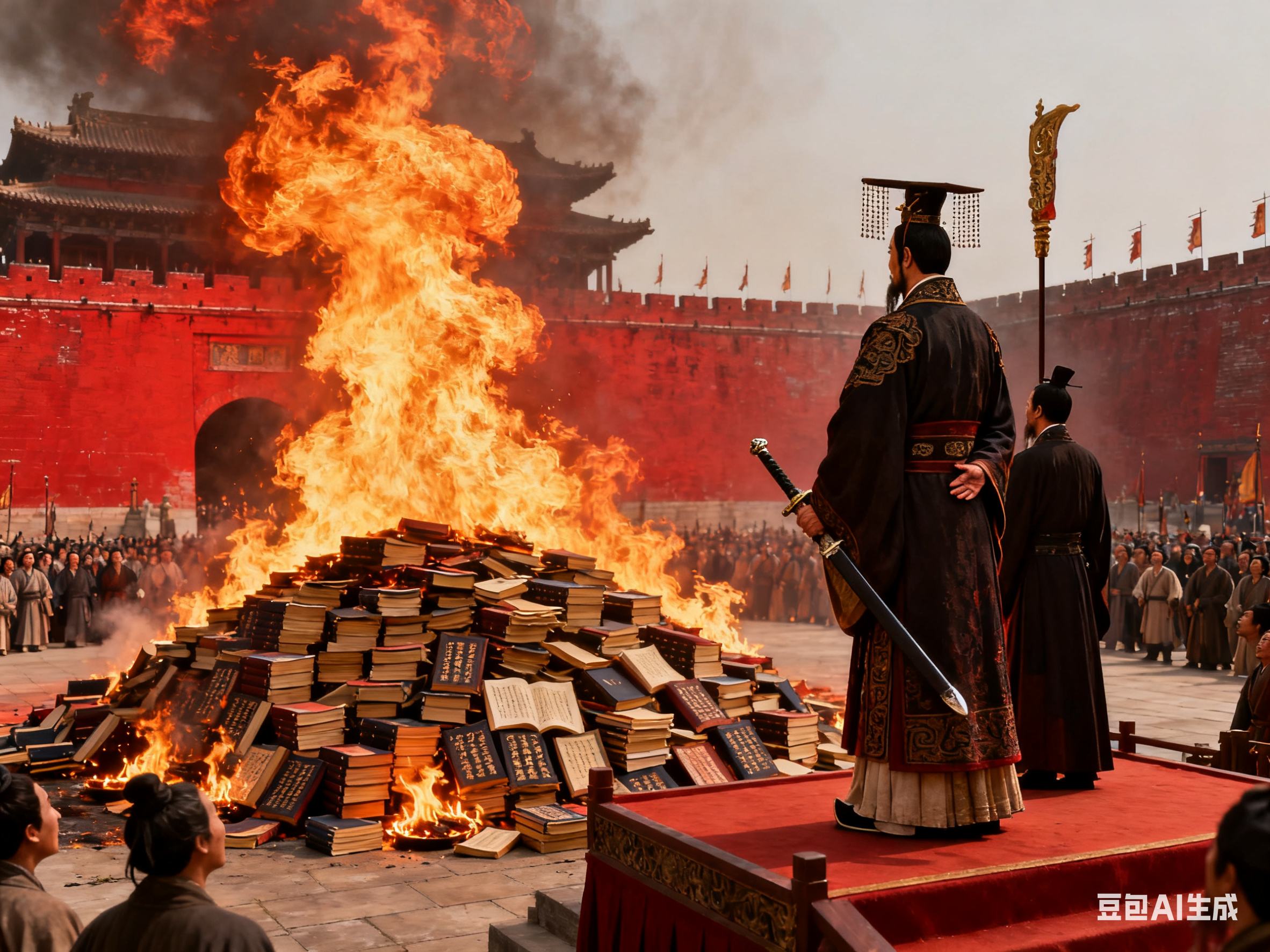 秦始皇焚书坑儒,视察收缴上来的竹简