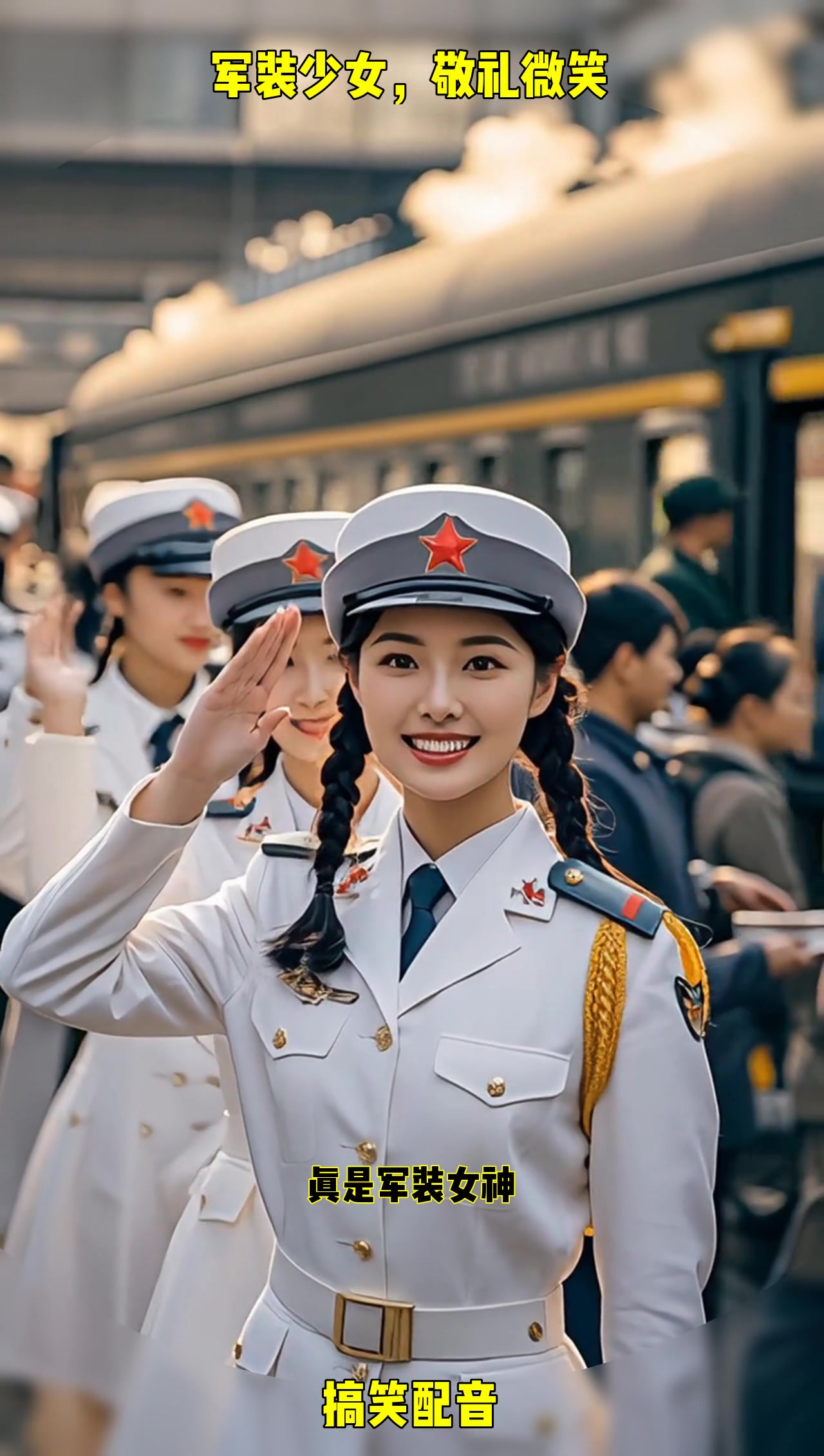 军装少女敬礼微笑,青春洋溢站台前,温暖阳光映笑颜